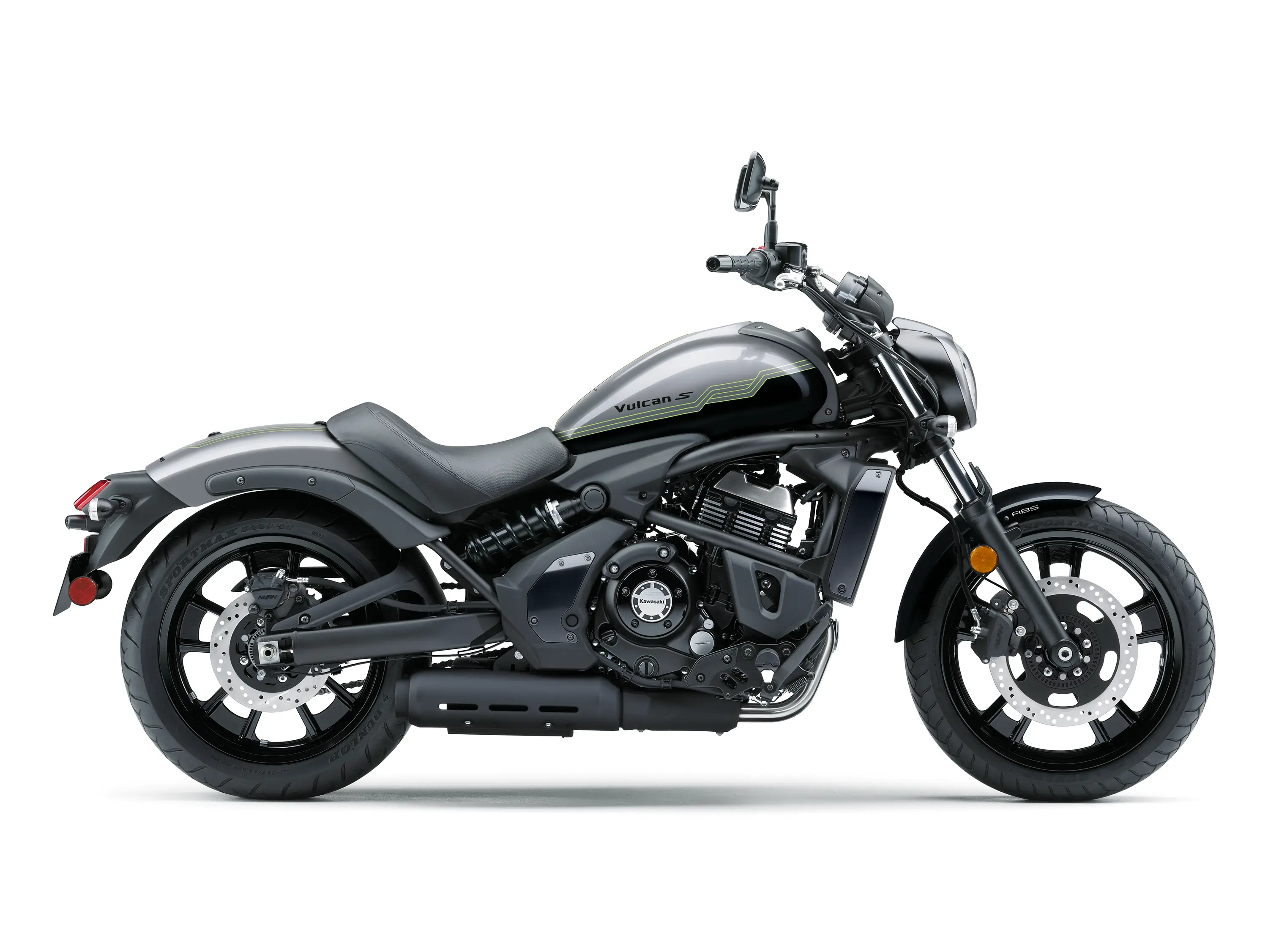 Side angle of a motorcycle staged in a white studio background.
