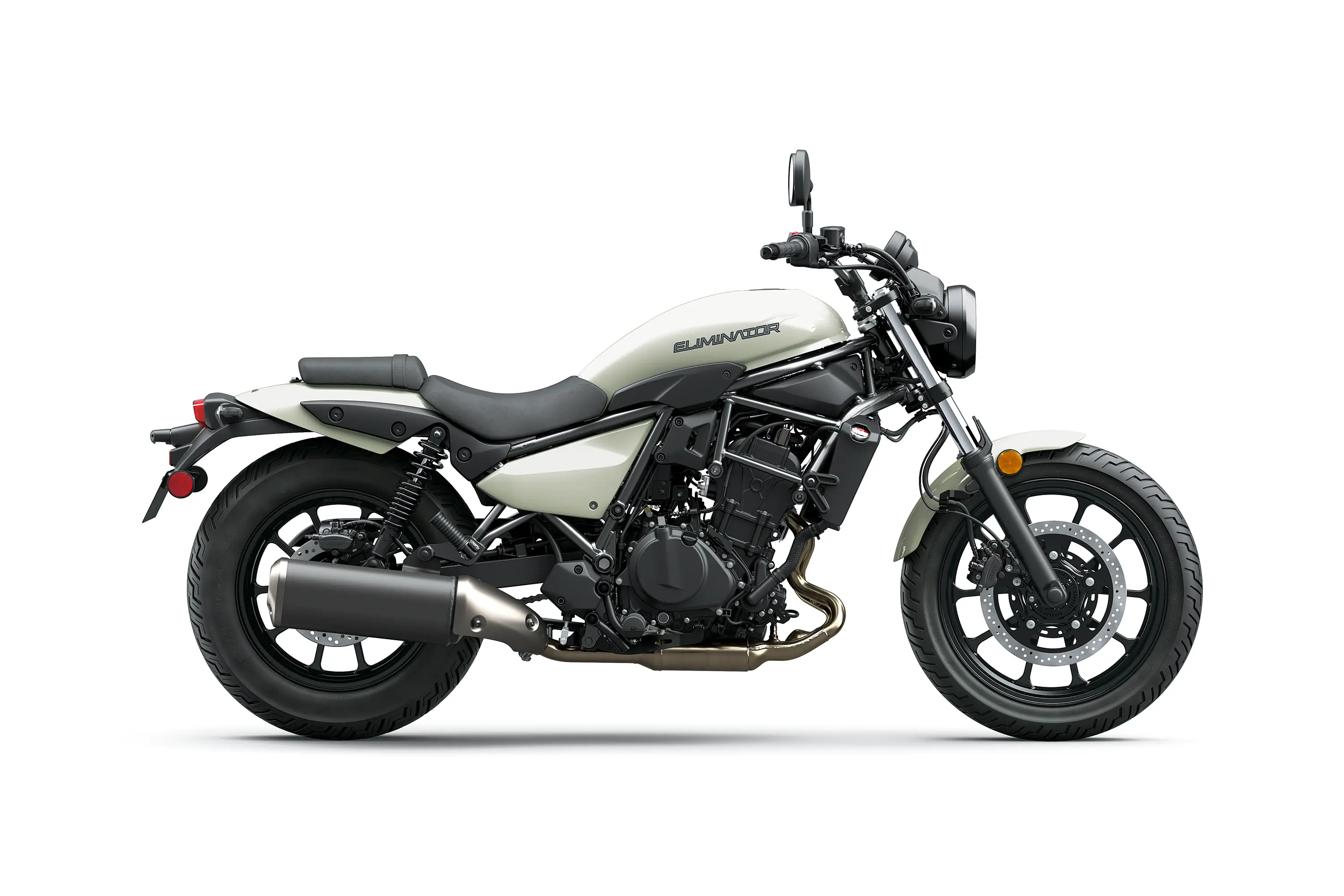 Side angle of a motorcycle staged in a white studio background.