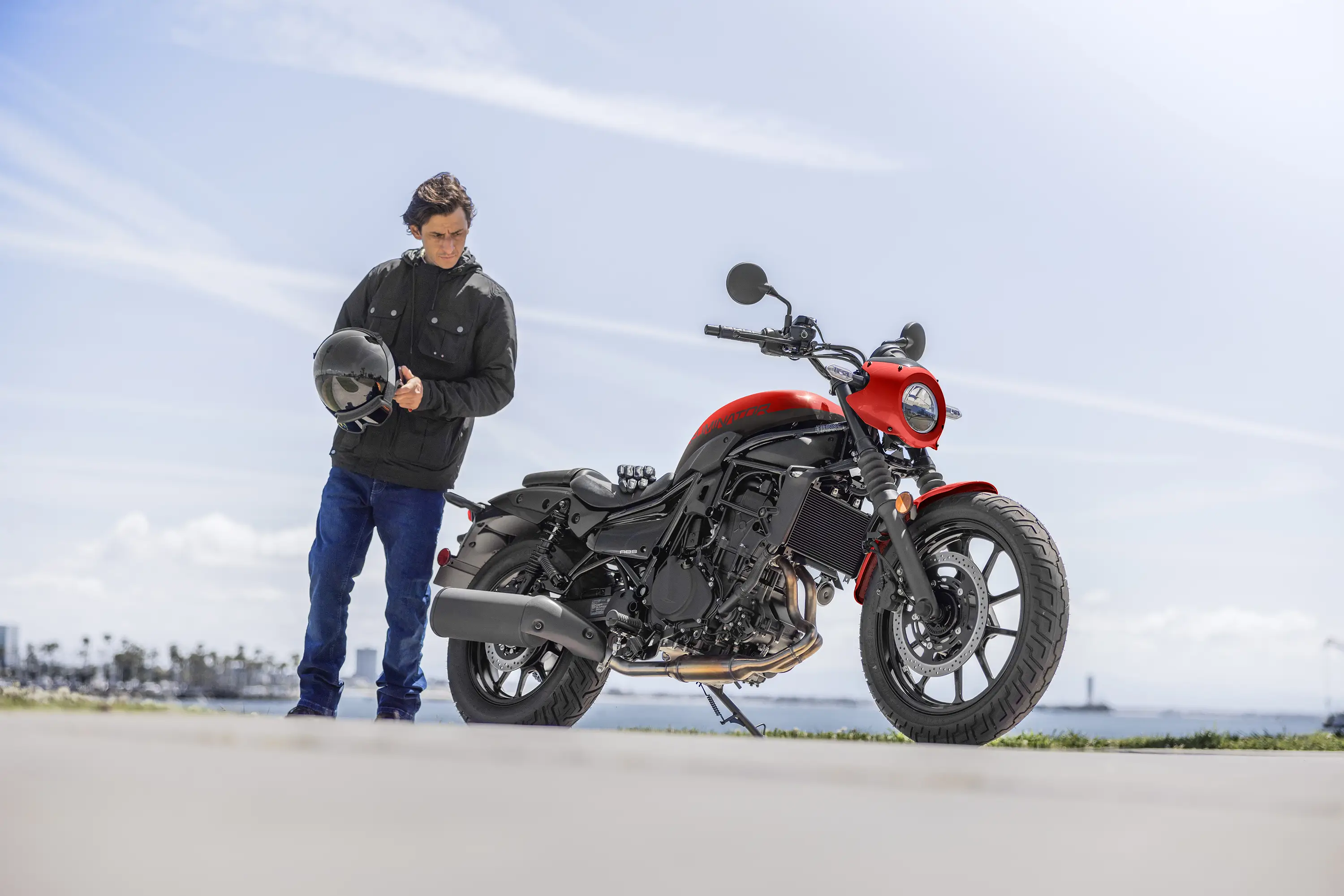 Side angle of a motorcycle parked.