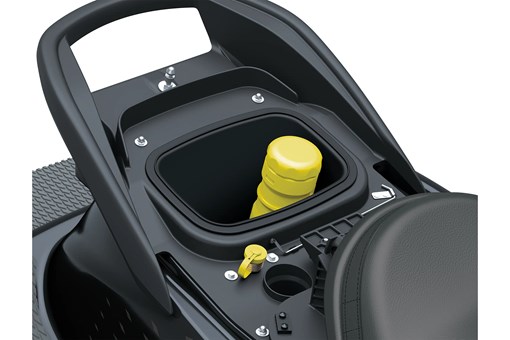 Closeup of storage compartment of a personal watercraft staged in a white studio background. opens in a new window