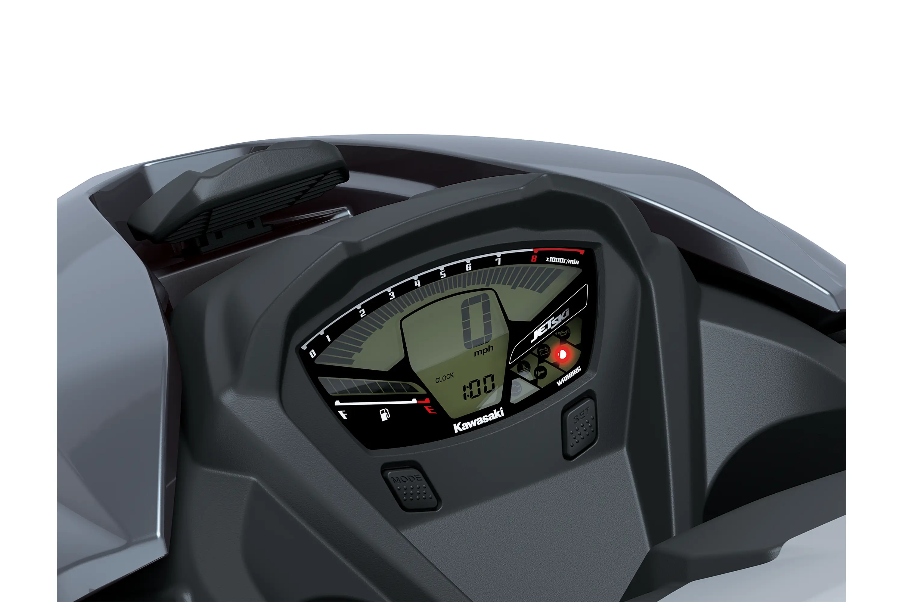 Closeup TFT screen of a personal watercraft staged in a white studio background.