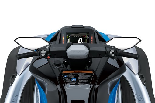 Closeup rider cockpit angle of a personal watercraft staged in a white studio background. opens in a new window