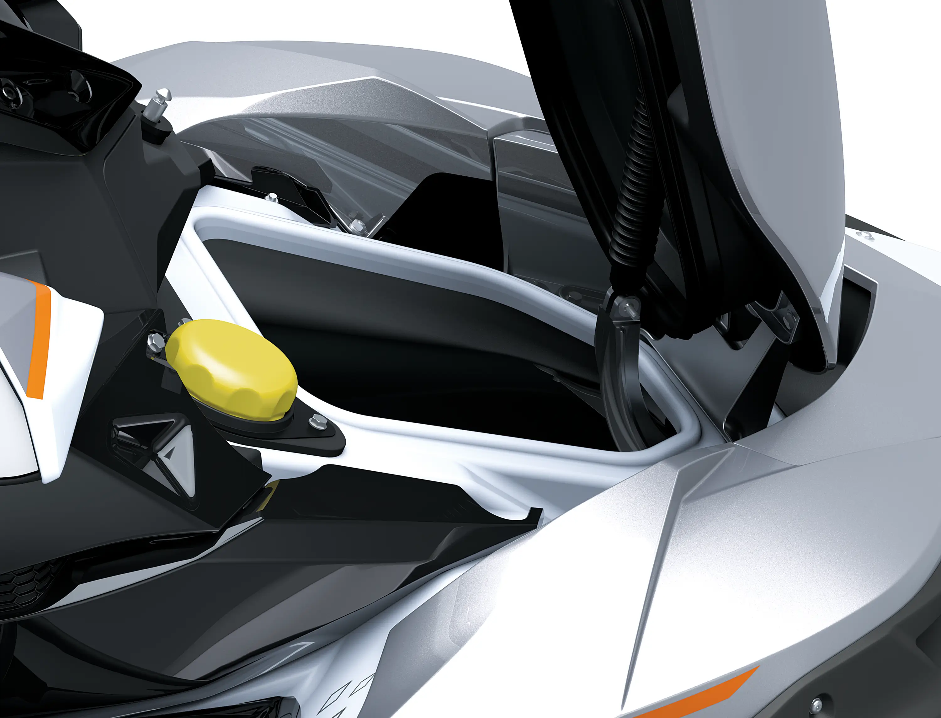 Closeup storage of a personal watercraft staged in a white studio background.