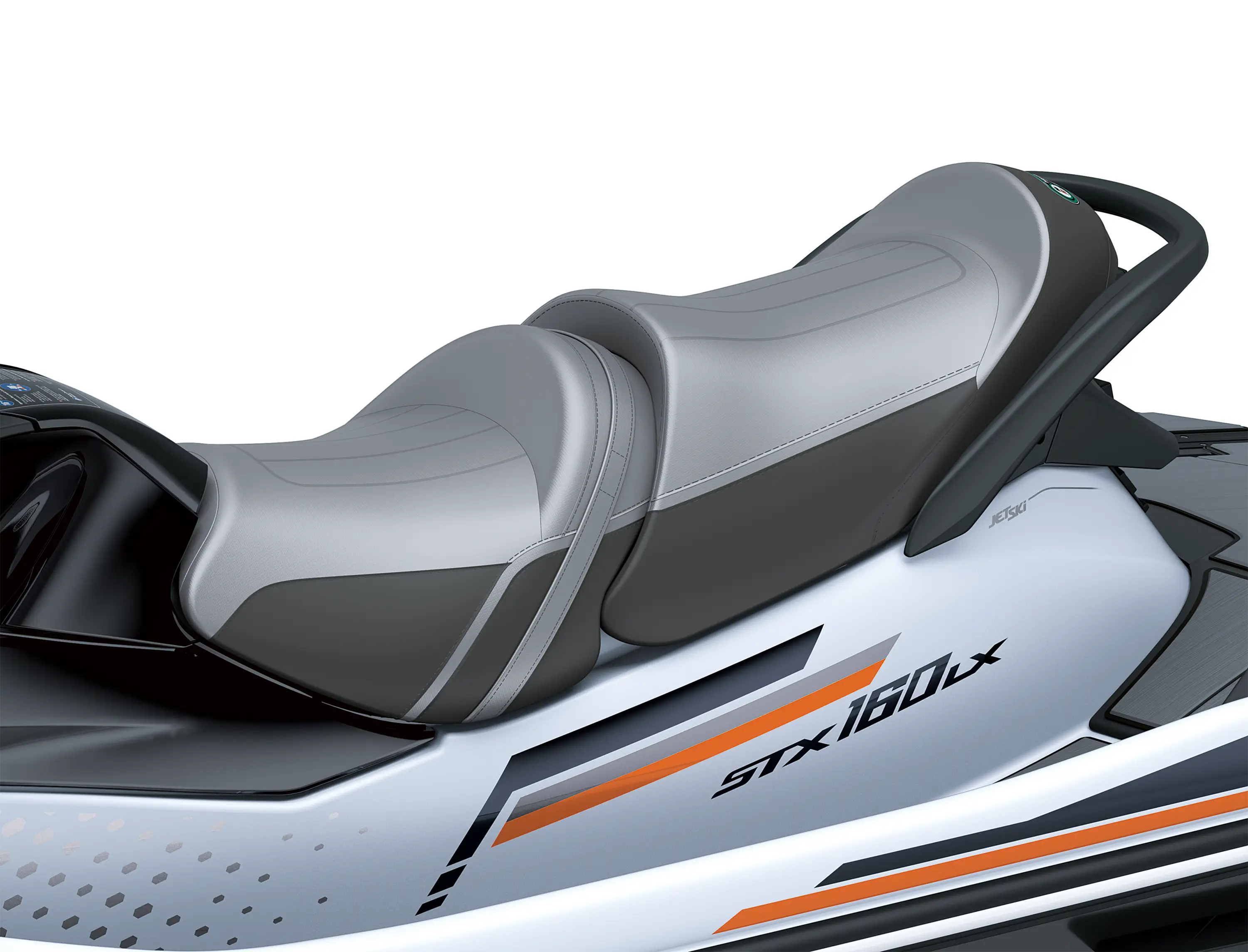 Closeup of a seat of a personal watercraft staged in a white studio background.