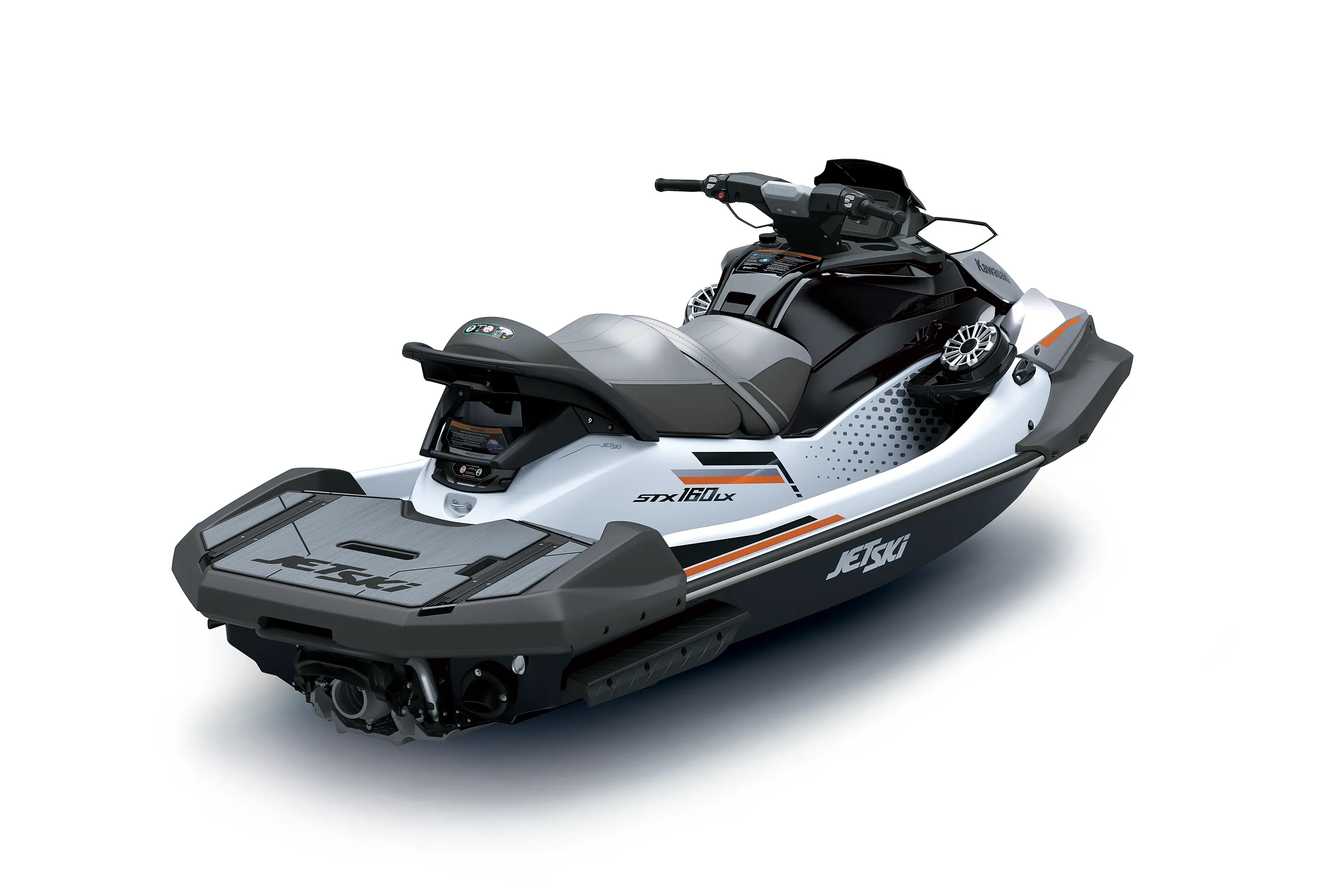 Back angle of a personal watercraft staged in a white studio background.