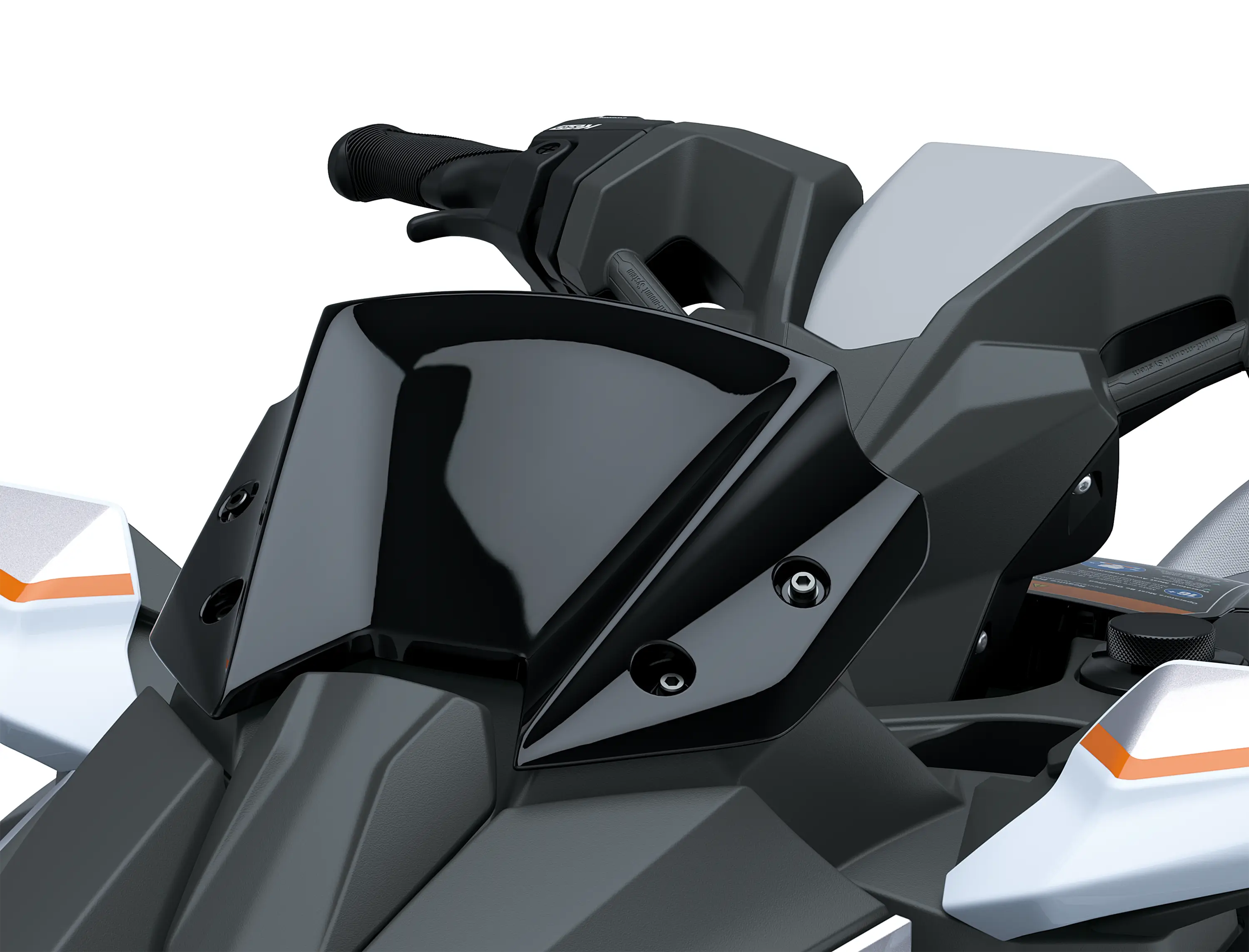 Closeup front detail angle of a personal watercraft staged in a white studio background.