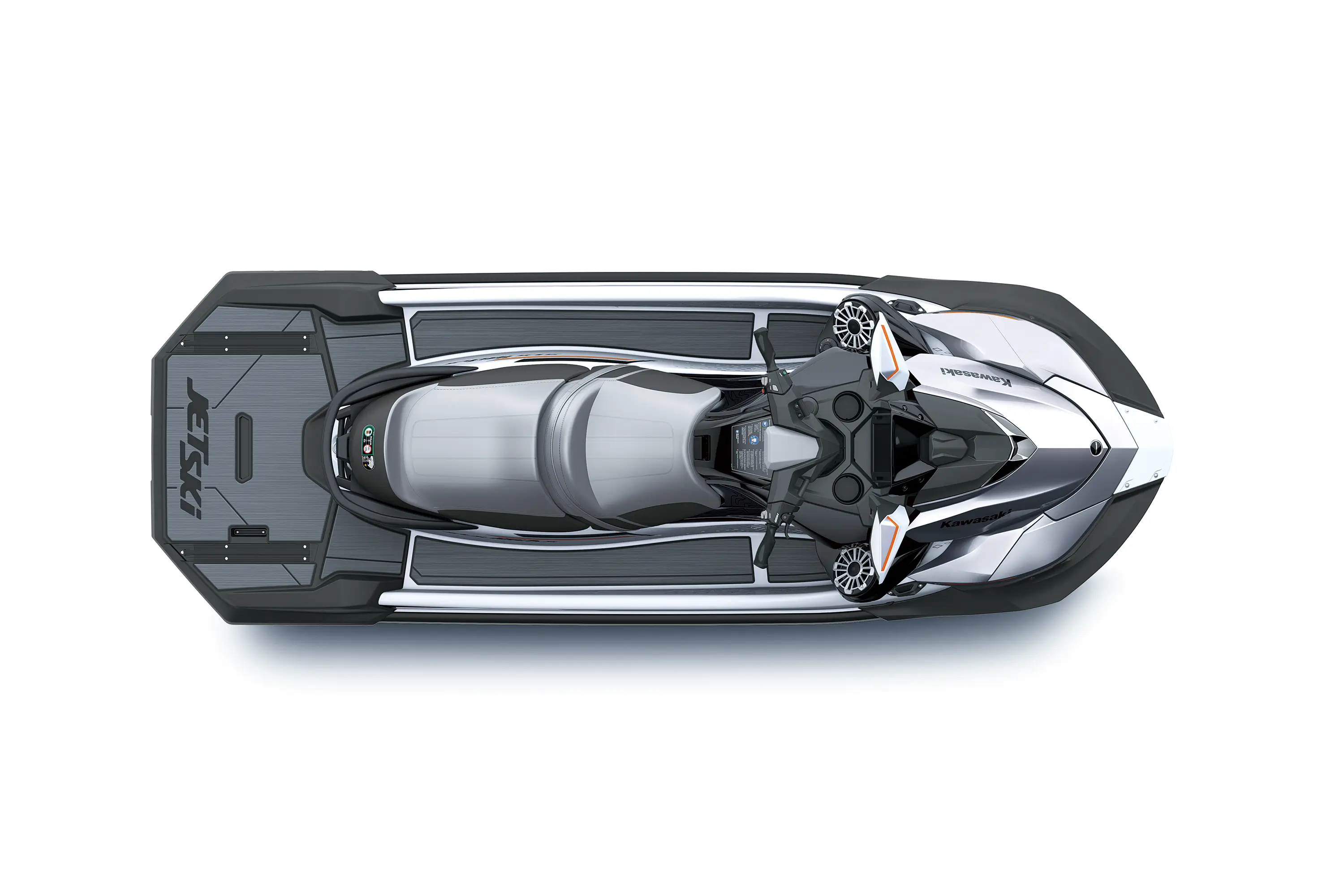 Overhead angle of a personal watercraft staged in a white studio background.