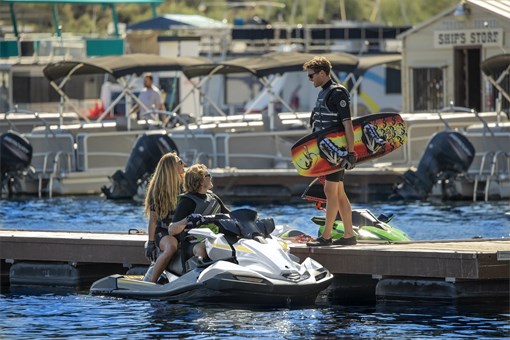 Front angle of a personal watercraft parked on the water. opens in a new window
