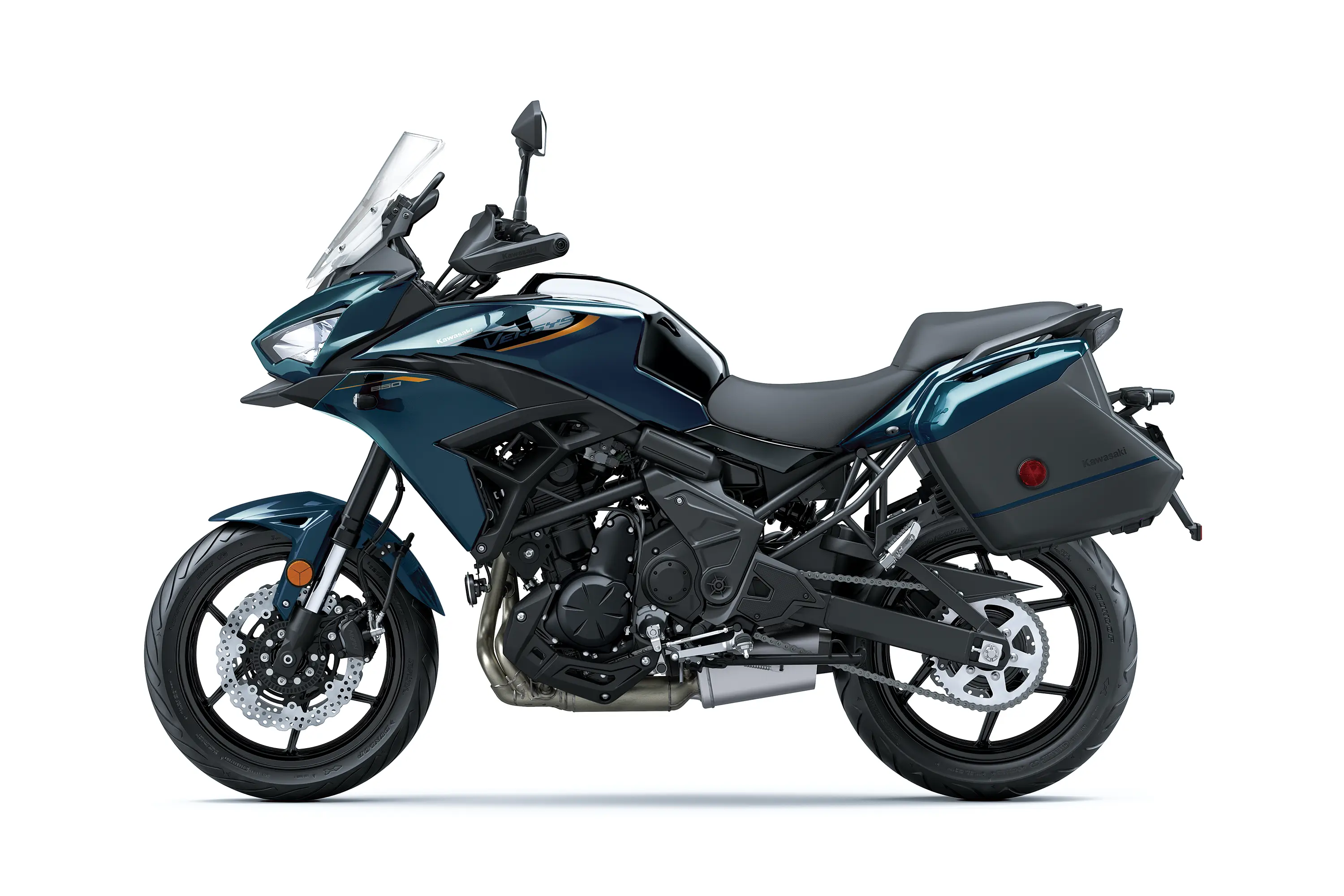 Profile angle of a motorcycle staged in a white studio background.