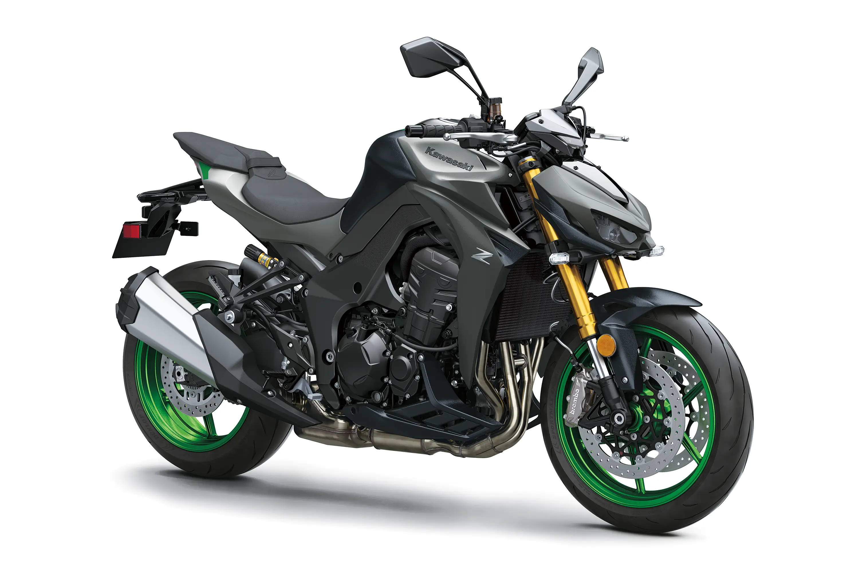 Three-quarter front angle of a motorcycle staged in a white studio background.