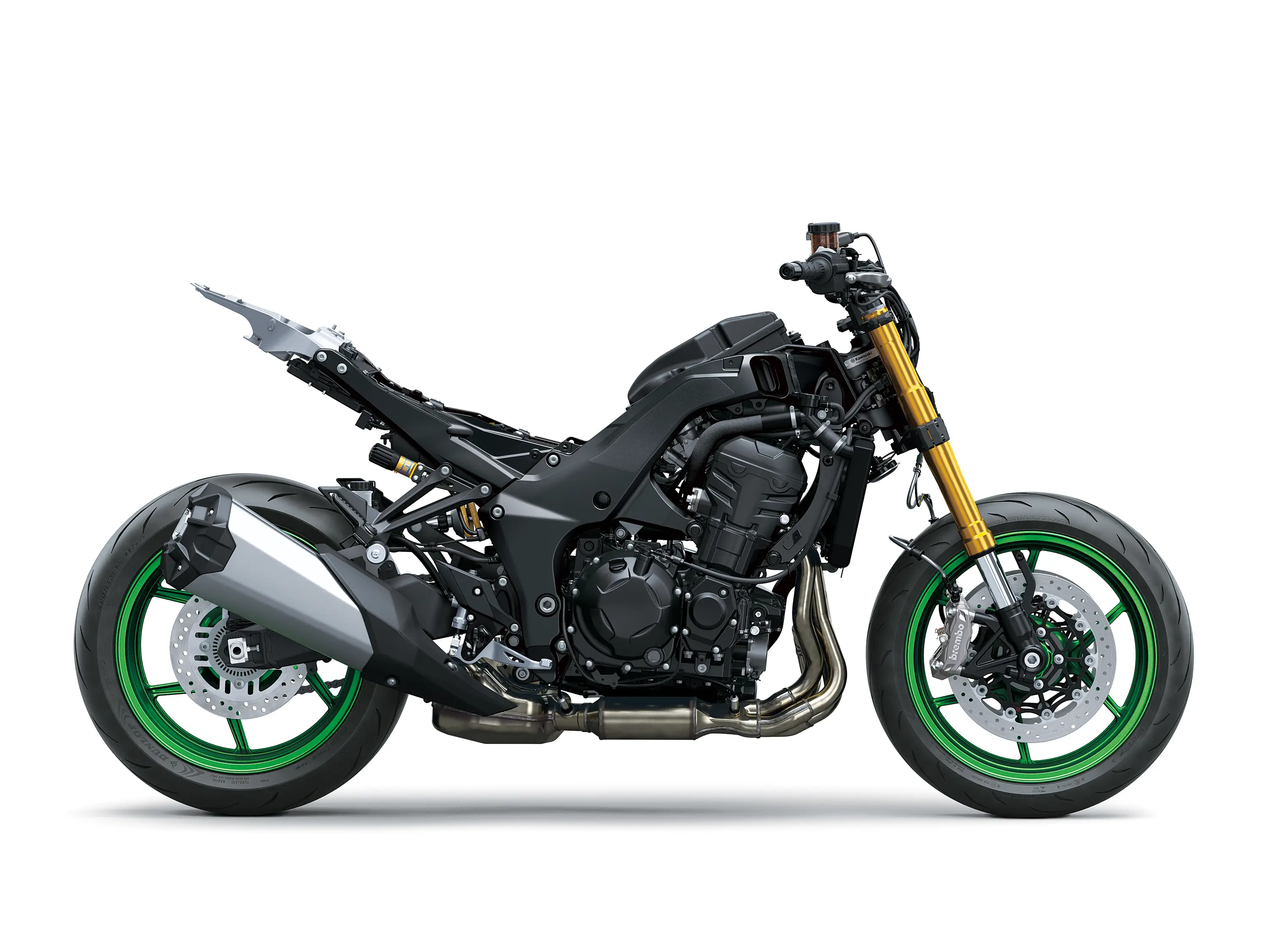 Profile angle of a motorcycle staged in a white studio background.