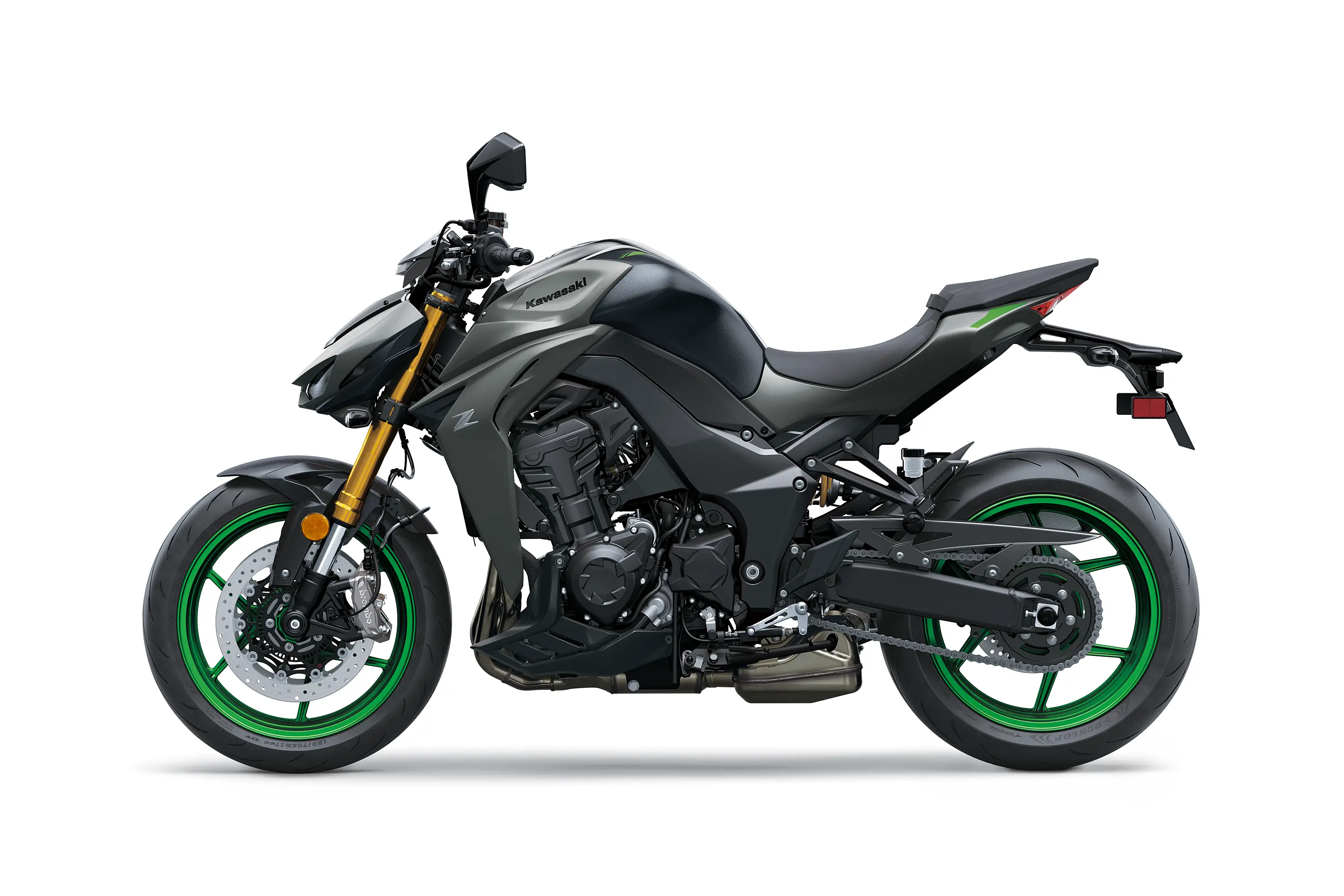 Side angle of a motorcycle staged in a white studio background.