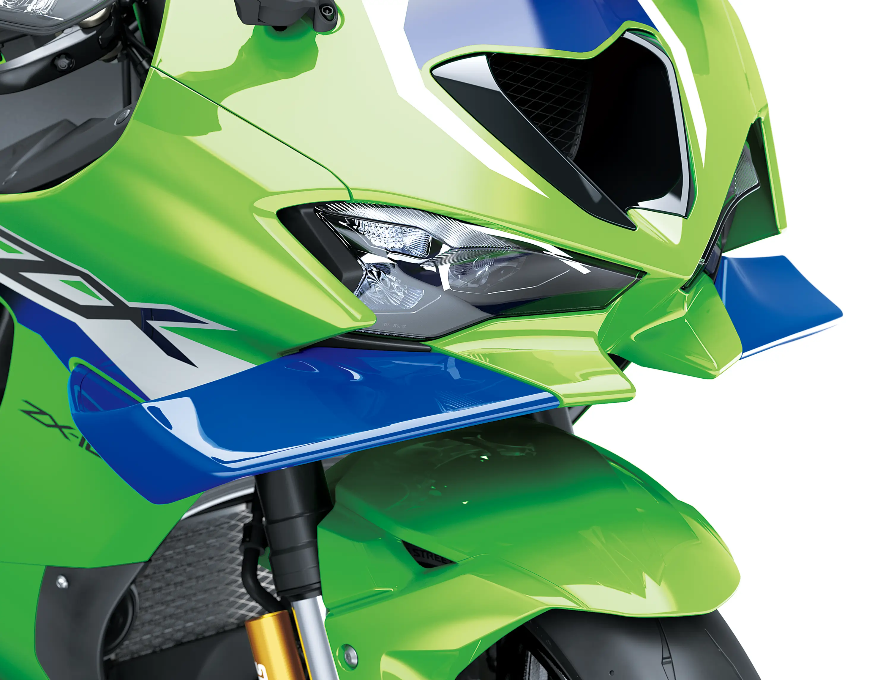 Close-up of the winglets of a motorcycle staged in a white studio background.