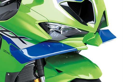 Close-up of the winglets of a motorcycle staged in a white studio background. opens in a new window
