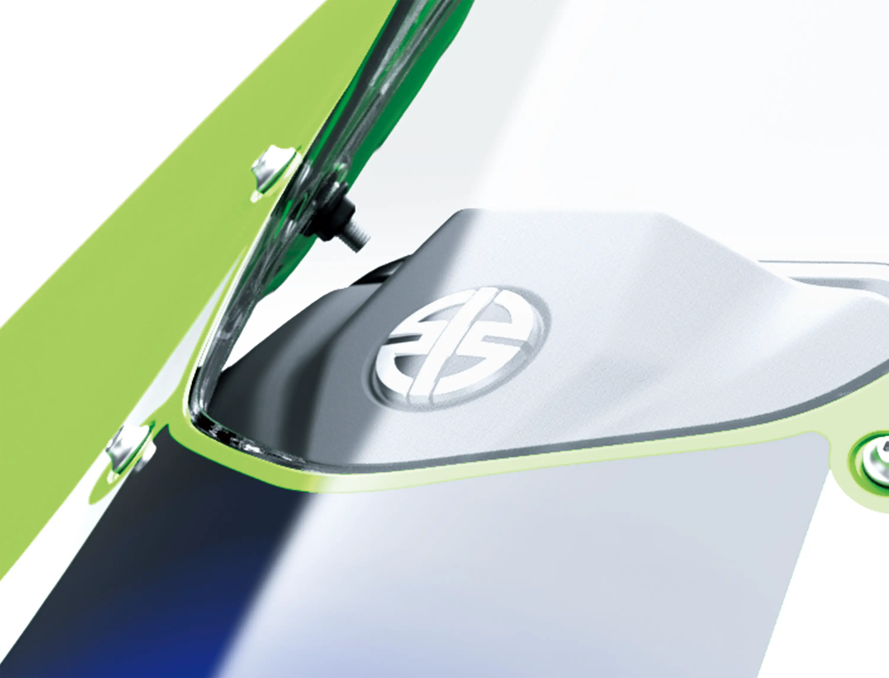 Close-up of the windshield of a motorcycle staged in a white studio background.