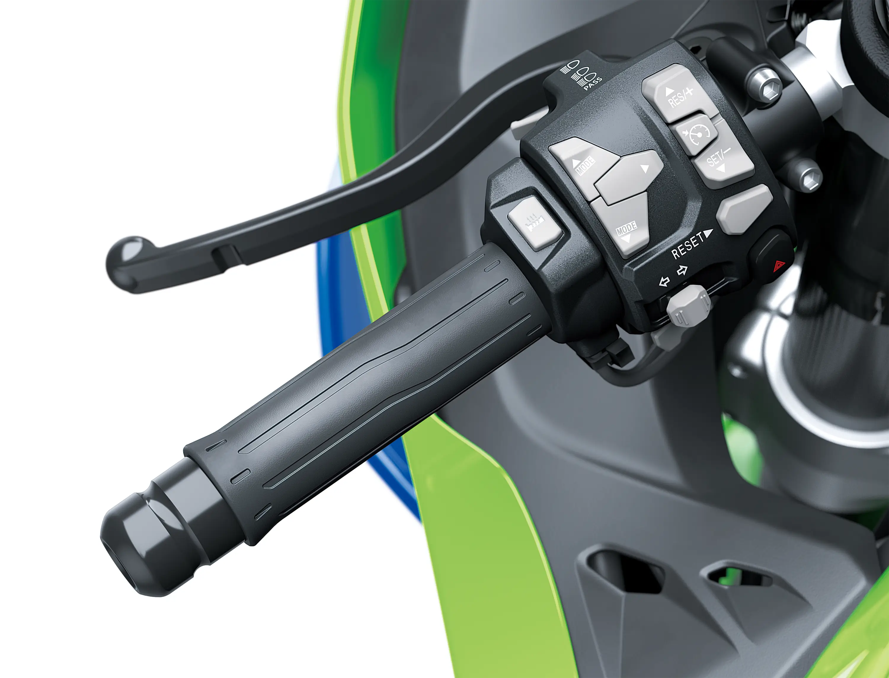 Close-up of the handlebar of a motorcycle staged in a white studio background.