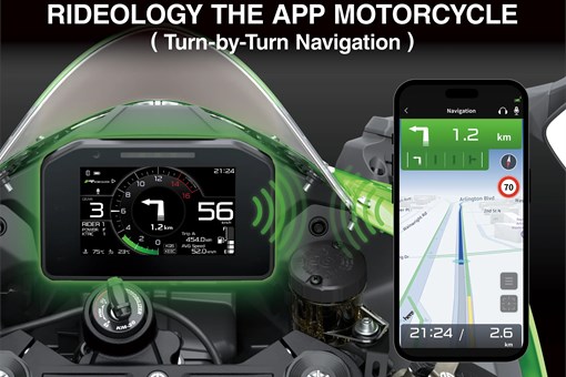 Graphic treatment showing RIDEOLOGY THE APP functions of a motorcycle. opens in a new window