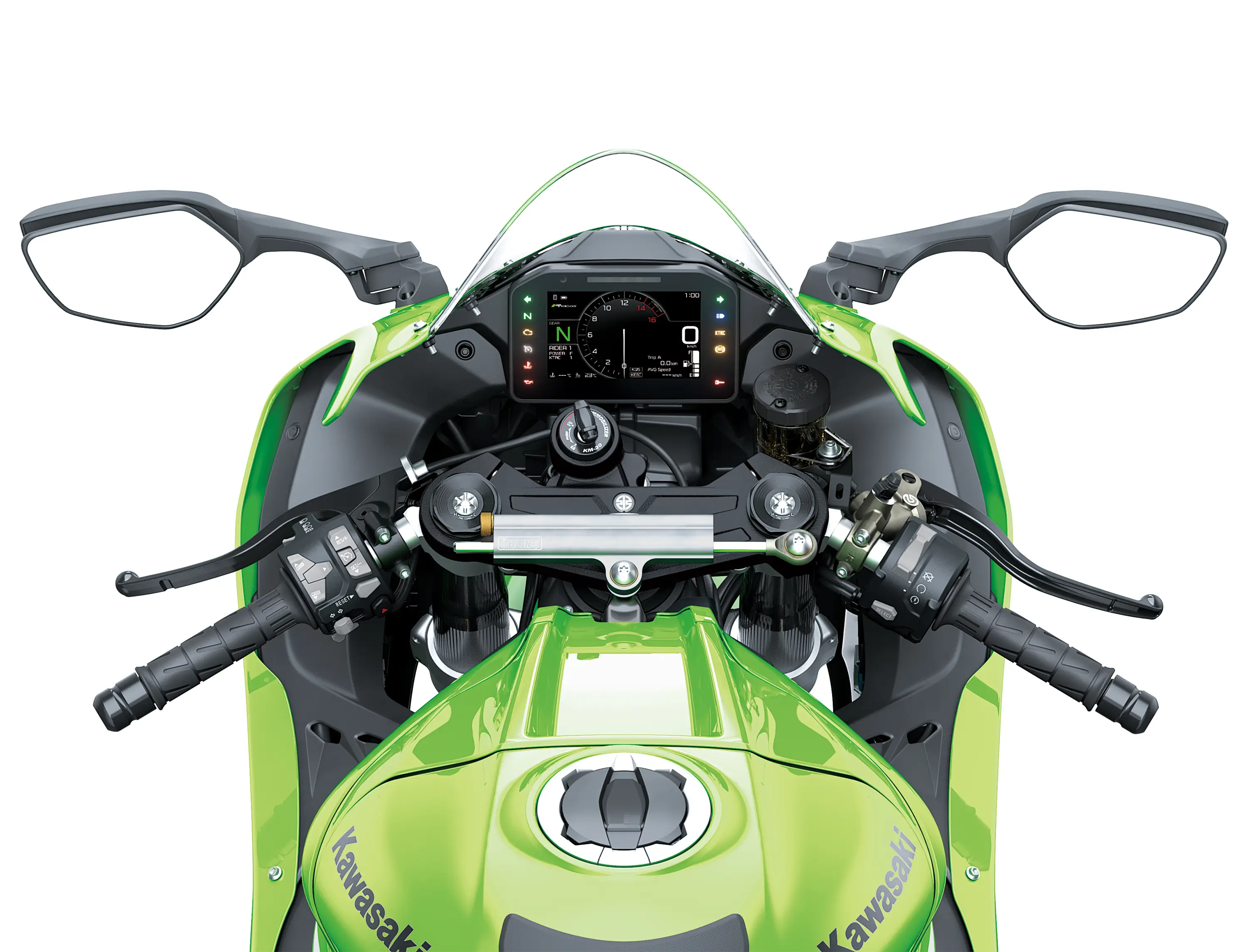Rider POV of the handlebars of a motorcycle staged in a white studio background.
