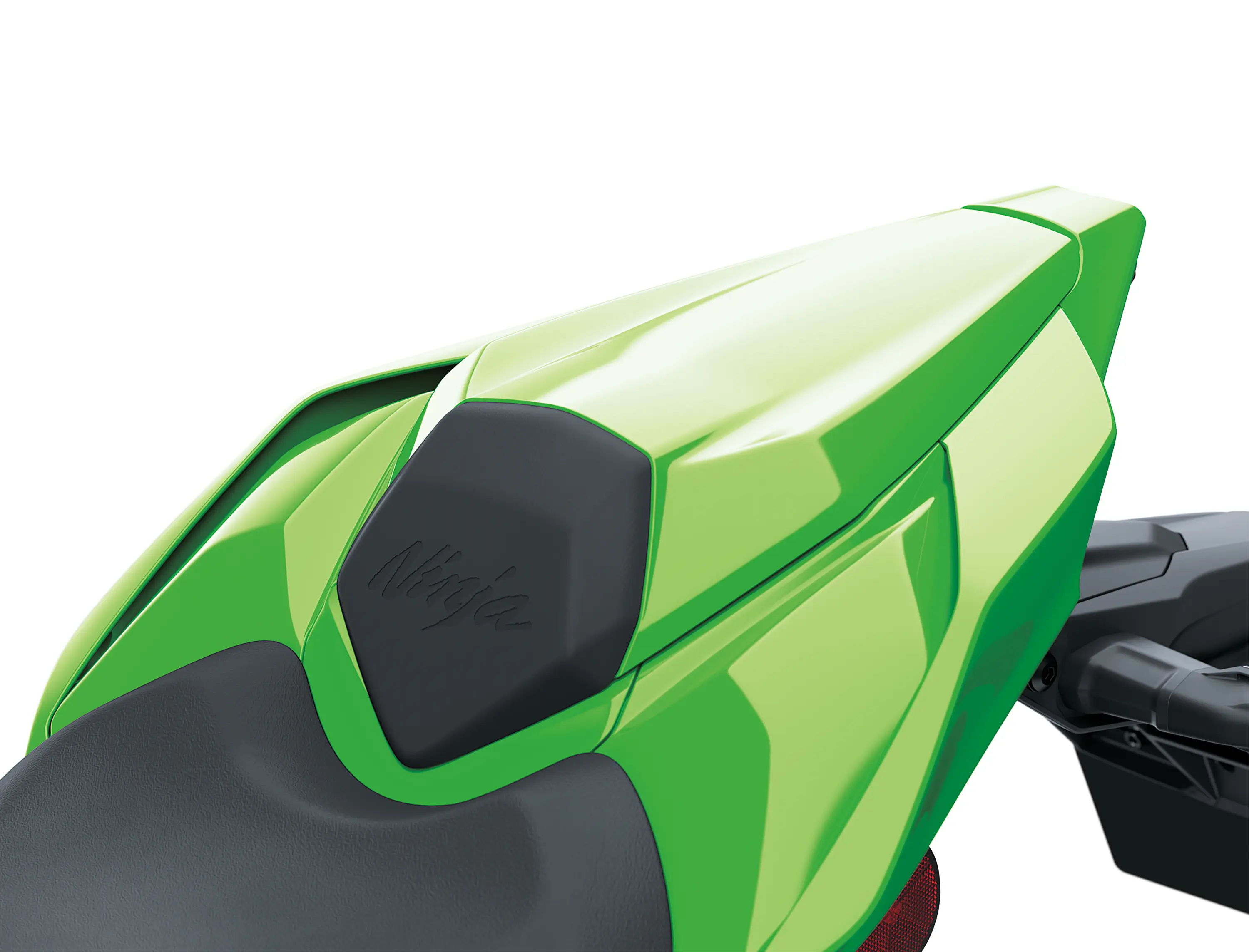 Close-up of the seat of a motorcycle staged in a white studio background.