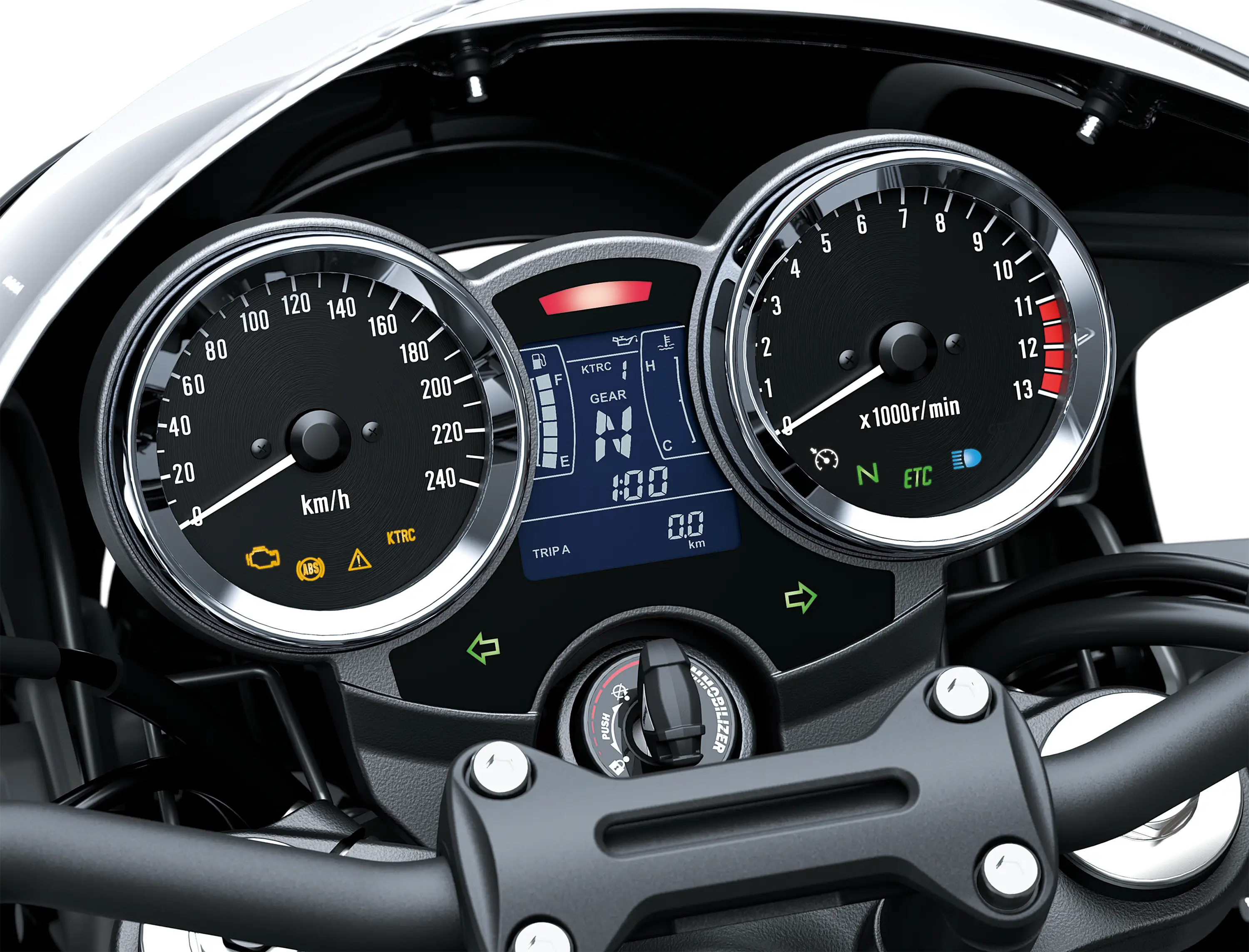Close-up of the gauges of a motorcycle staged in a white studio background.