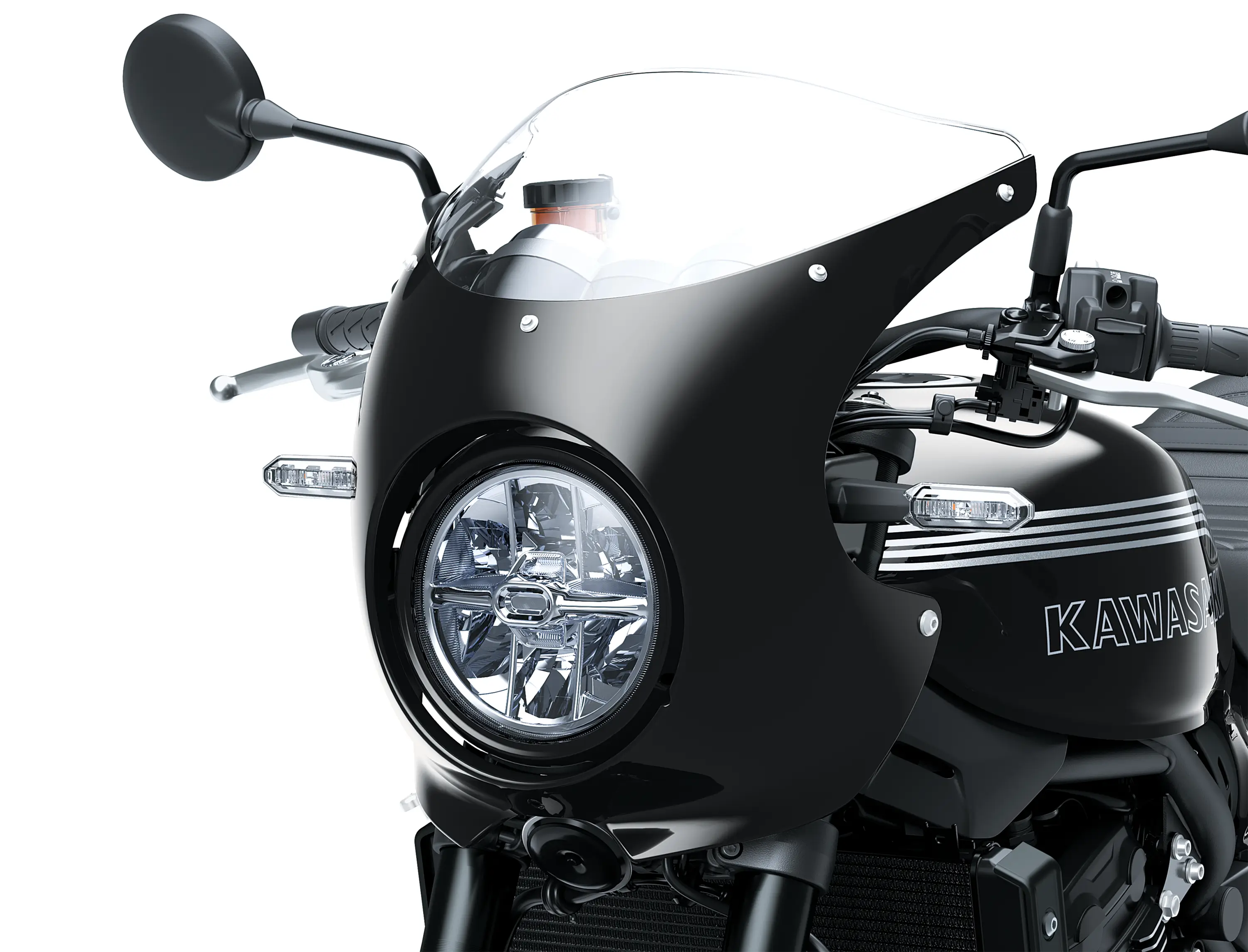 Close-up of the headlight of a motorcycle staged in a white studio background.