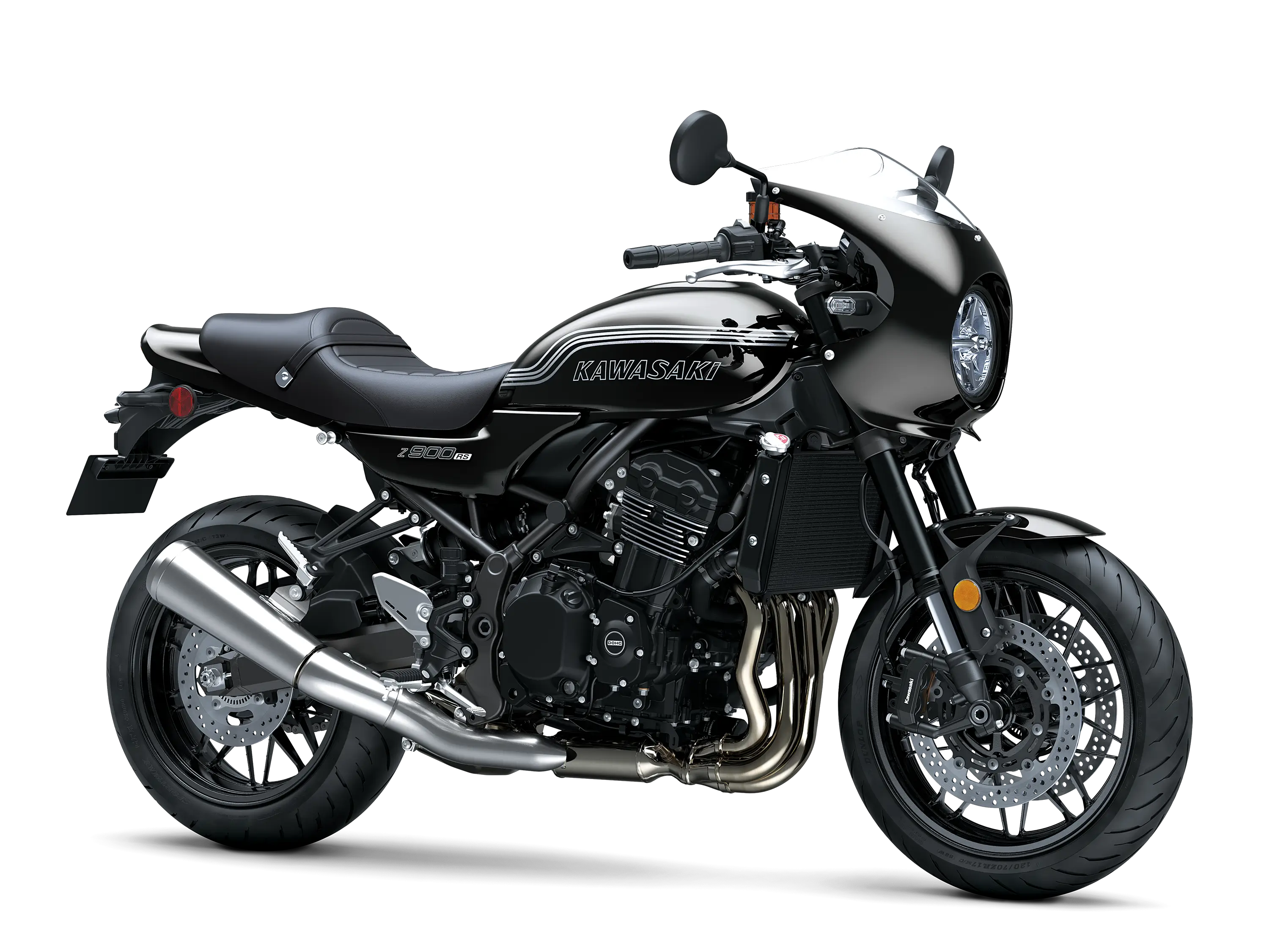 Three-quarter front angle of a motorcycle staged in a white studio background.