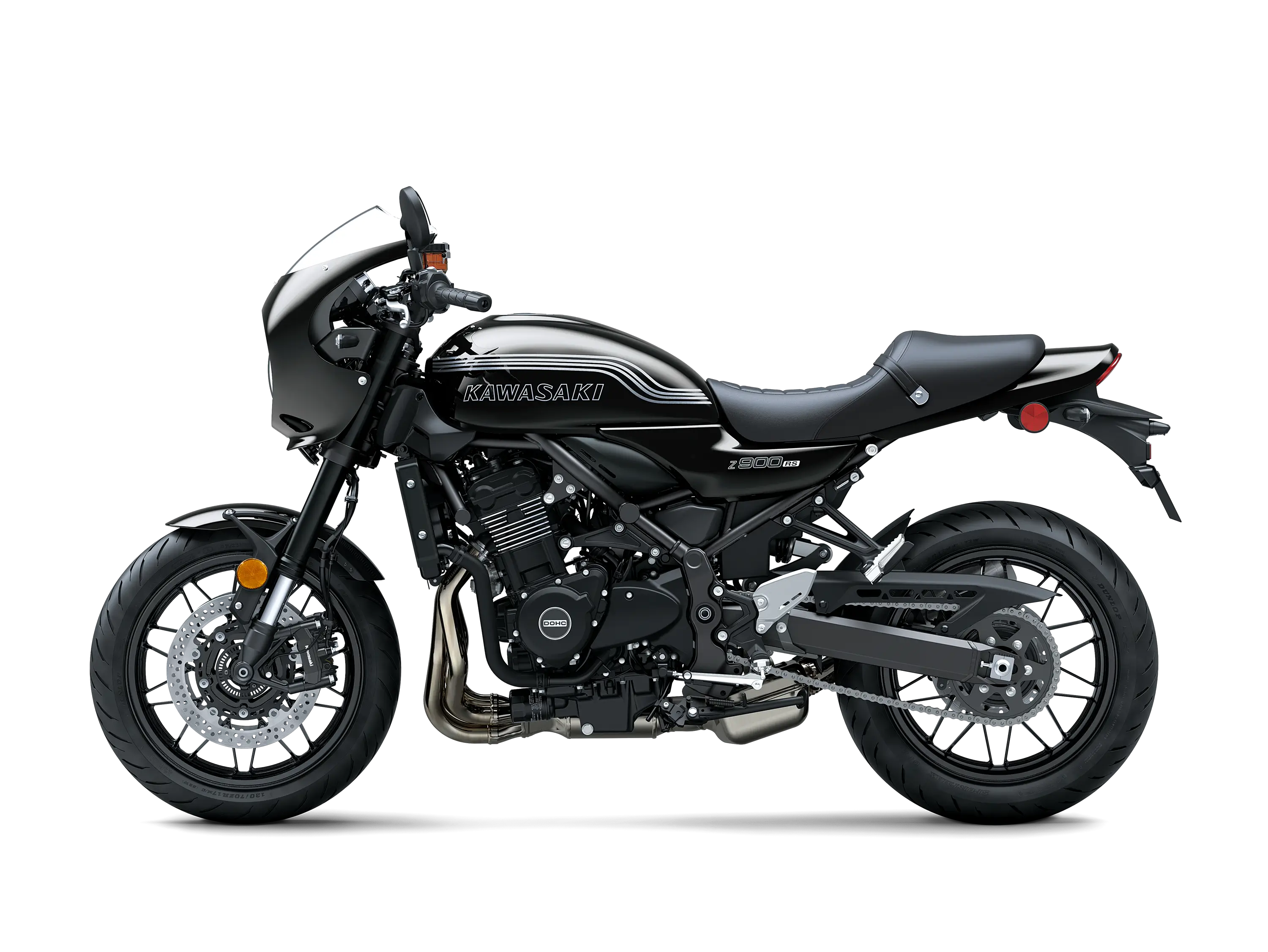 Profile angle of a motorcycle staged in a white studio background.