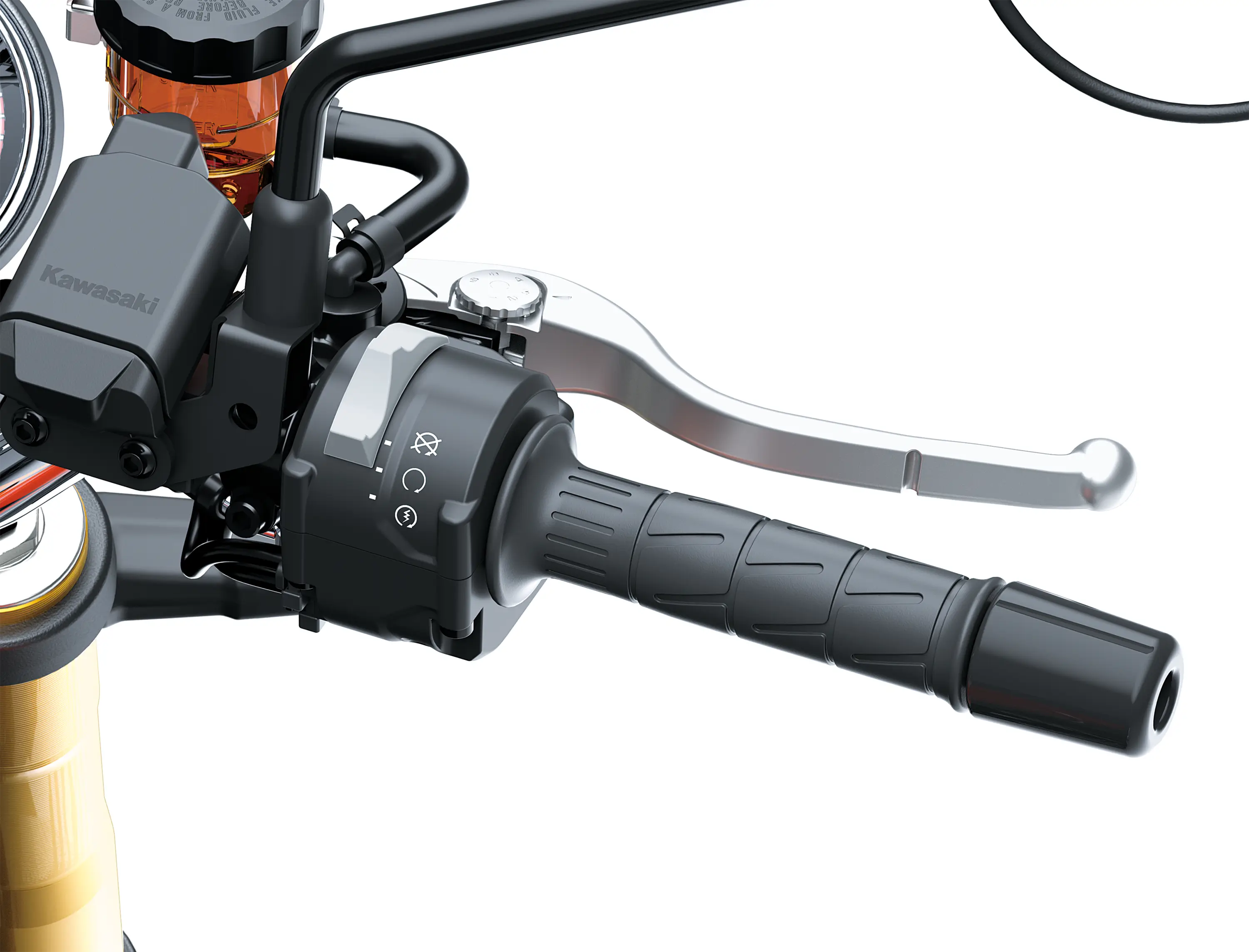 Close-up of the handlebar of a motorcycle staged in a white studio background.