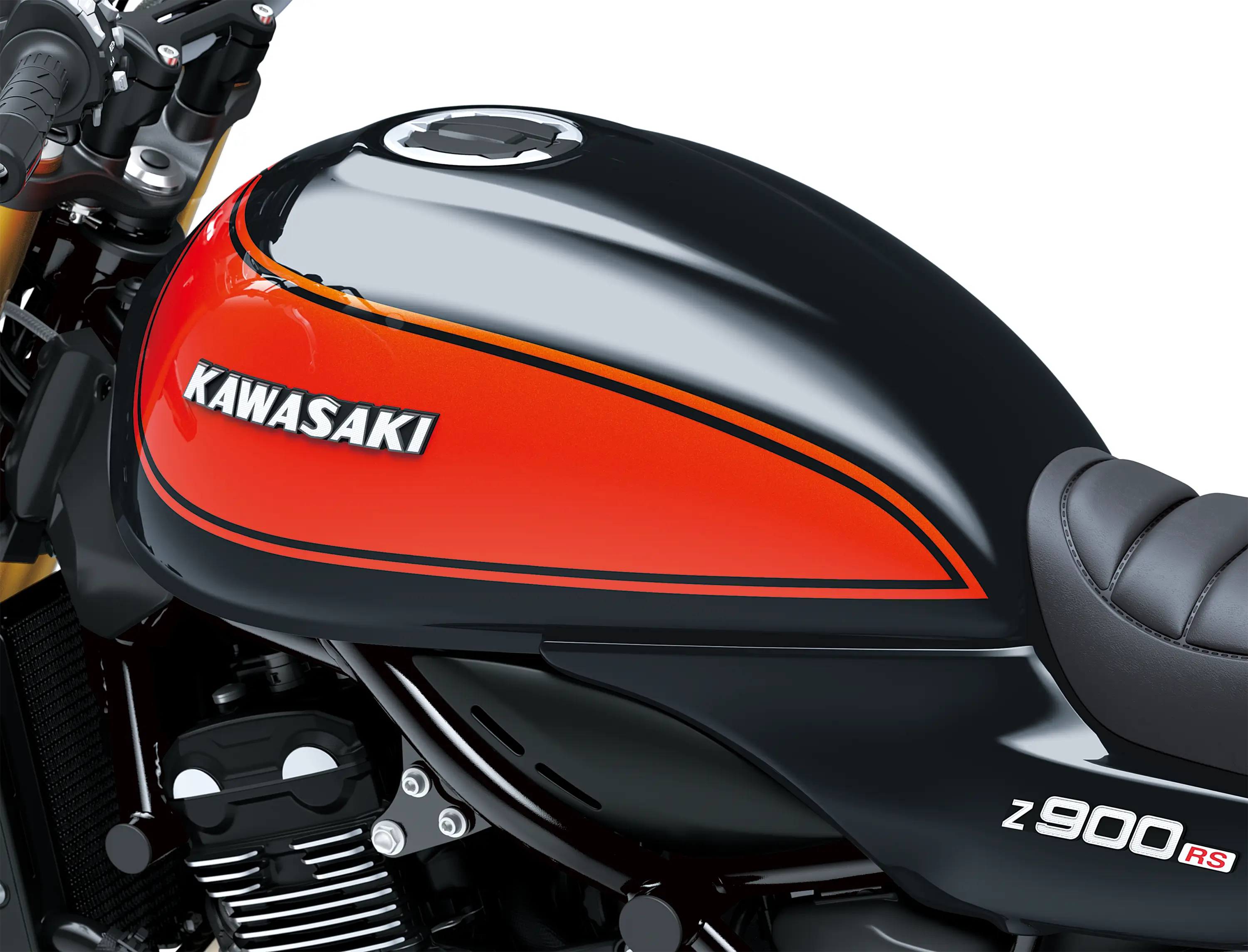 Close-up of the fuel tank of a motorcycle staged in a white studio background.