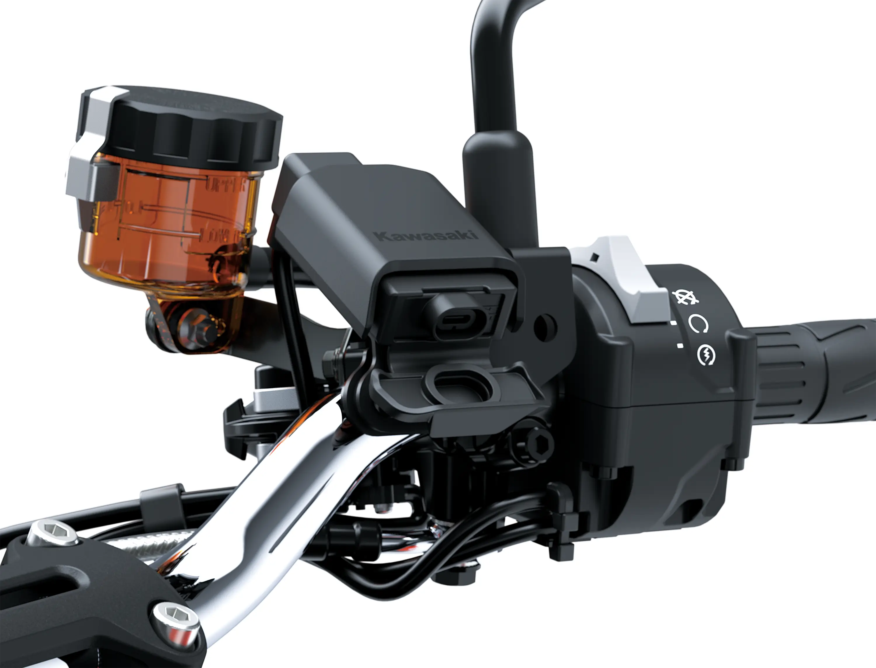 Close-up of the handlebar and controls of a motorcycle staged in a white studio background.