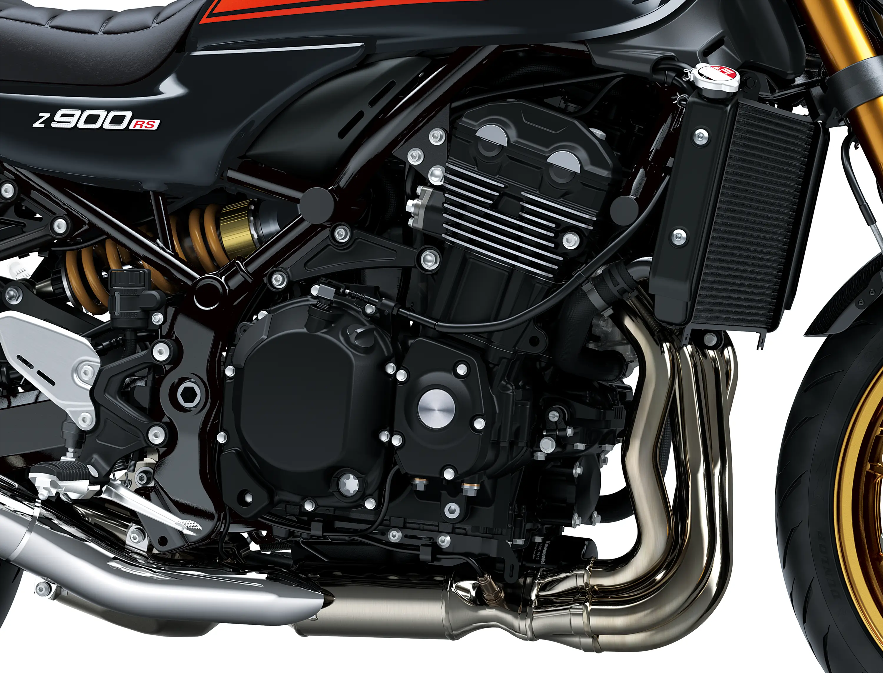 Close-up, right-side view of the engine bay of a motorcycle staged in a white studio background.