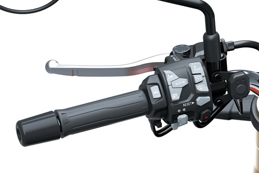 Close-up of the left handlebar of a motorcycle staged in a white studio background. opens in a new window