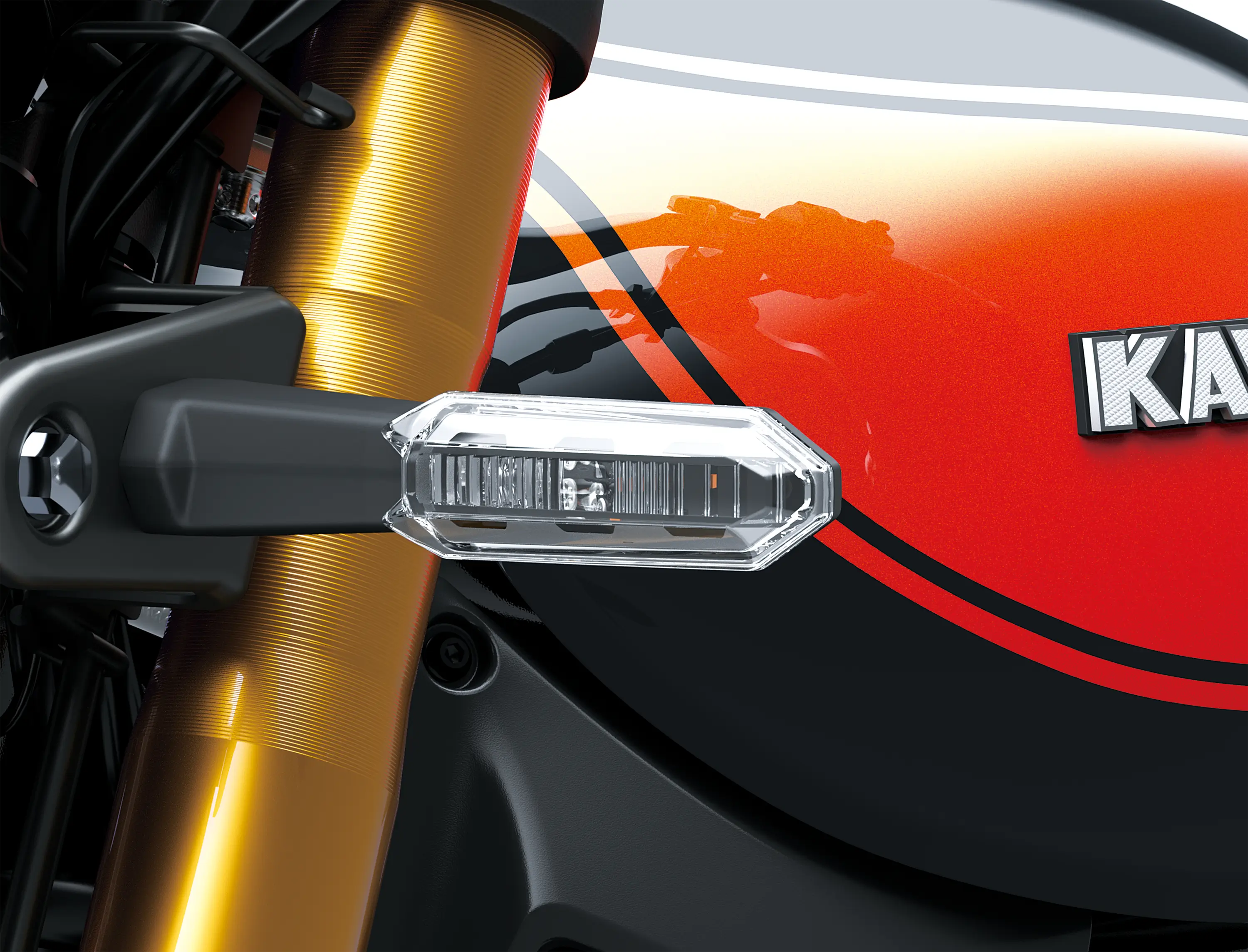 Close-up of the reflective light of a motorcycle staged in a white studio background.
