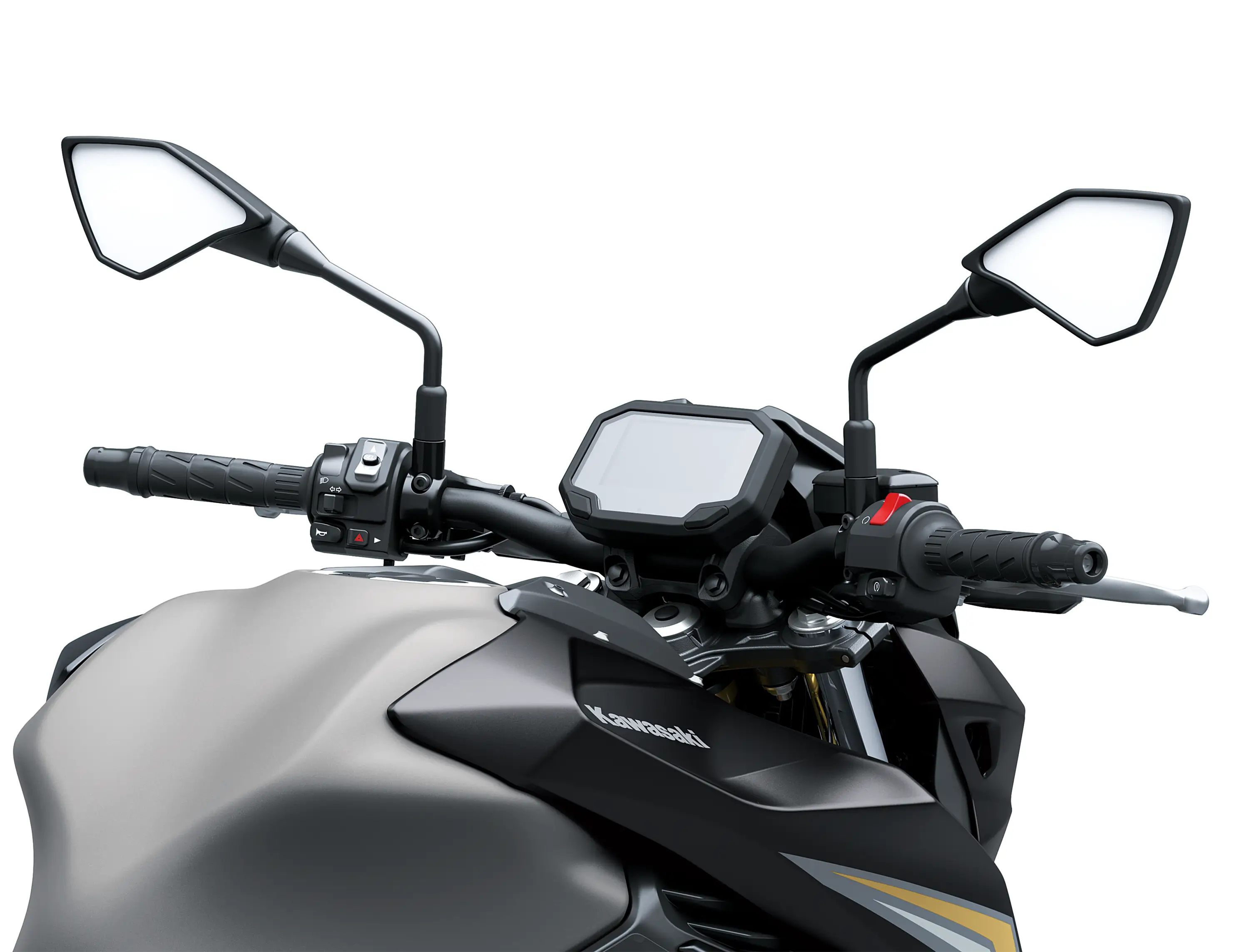 Rider POV of a motorcycle staged in a white studio background.