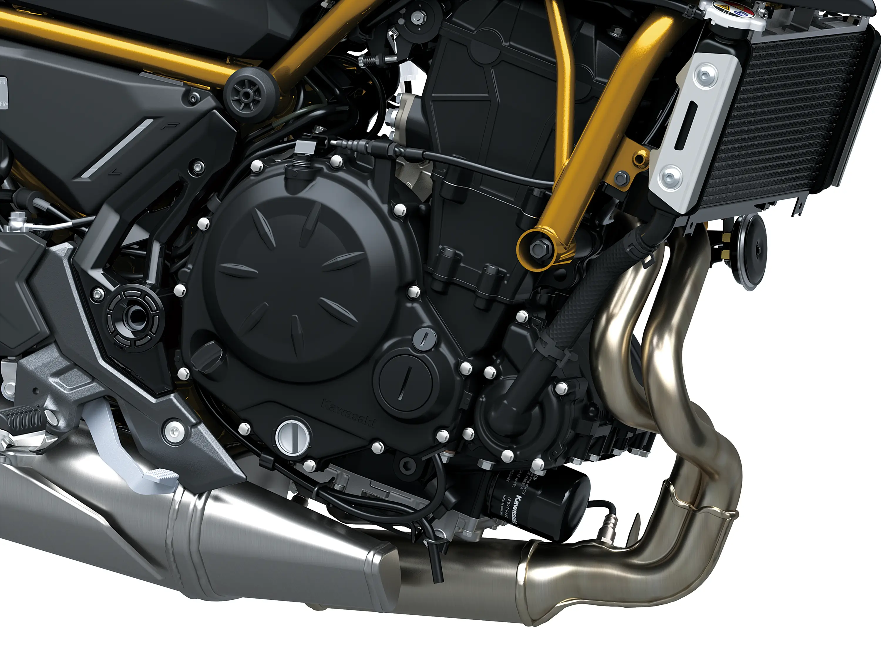 Engine case of a motorcycle staged in a white studio background.