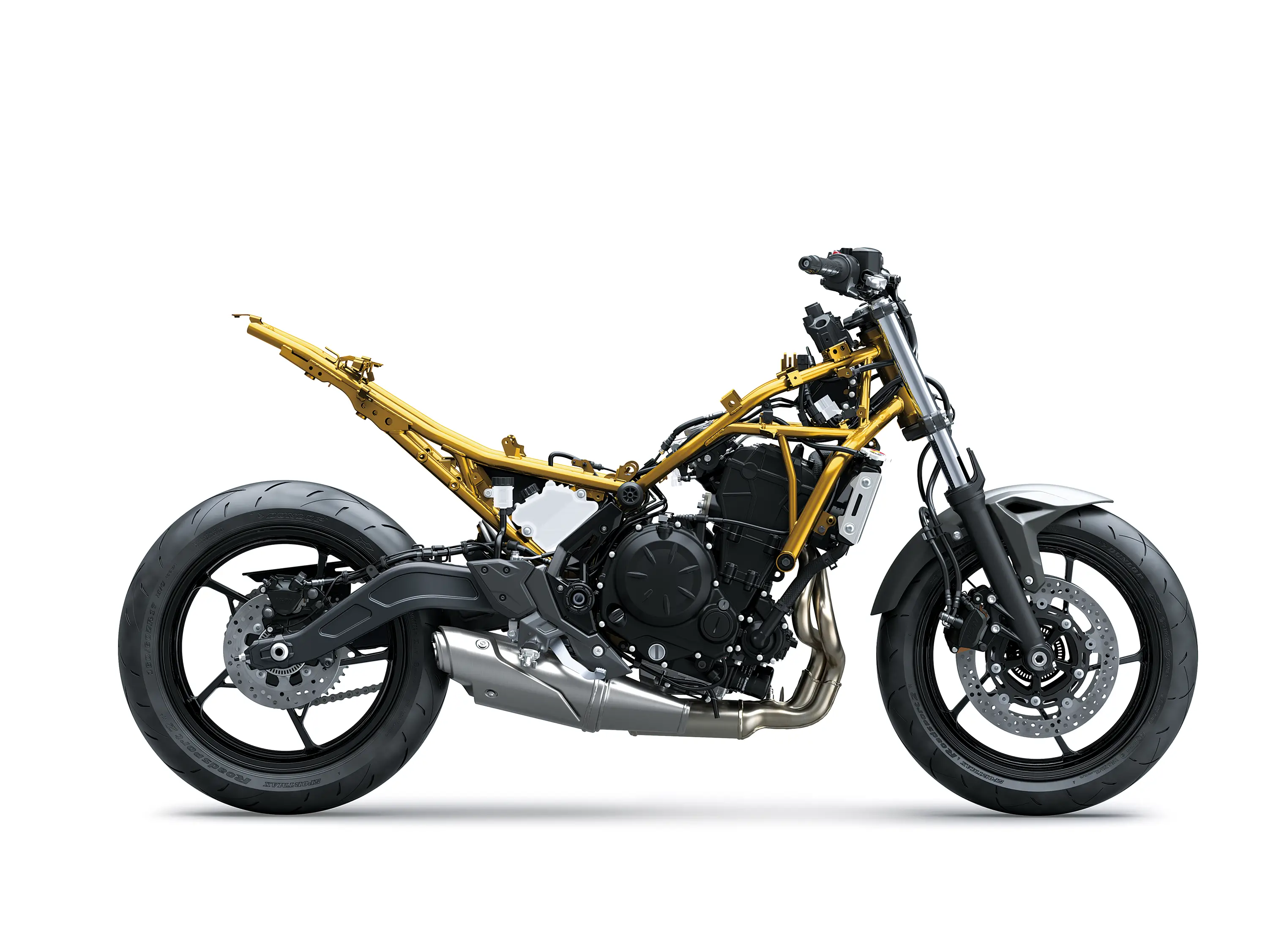 Profile angle of a naked motorcycle staged in a white studio background.
