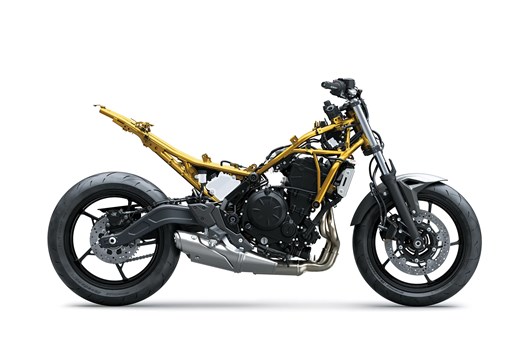 Profile angle of a naked motorcycle staged in a white studio background. opens in a new window