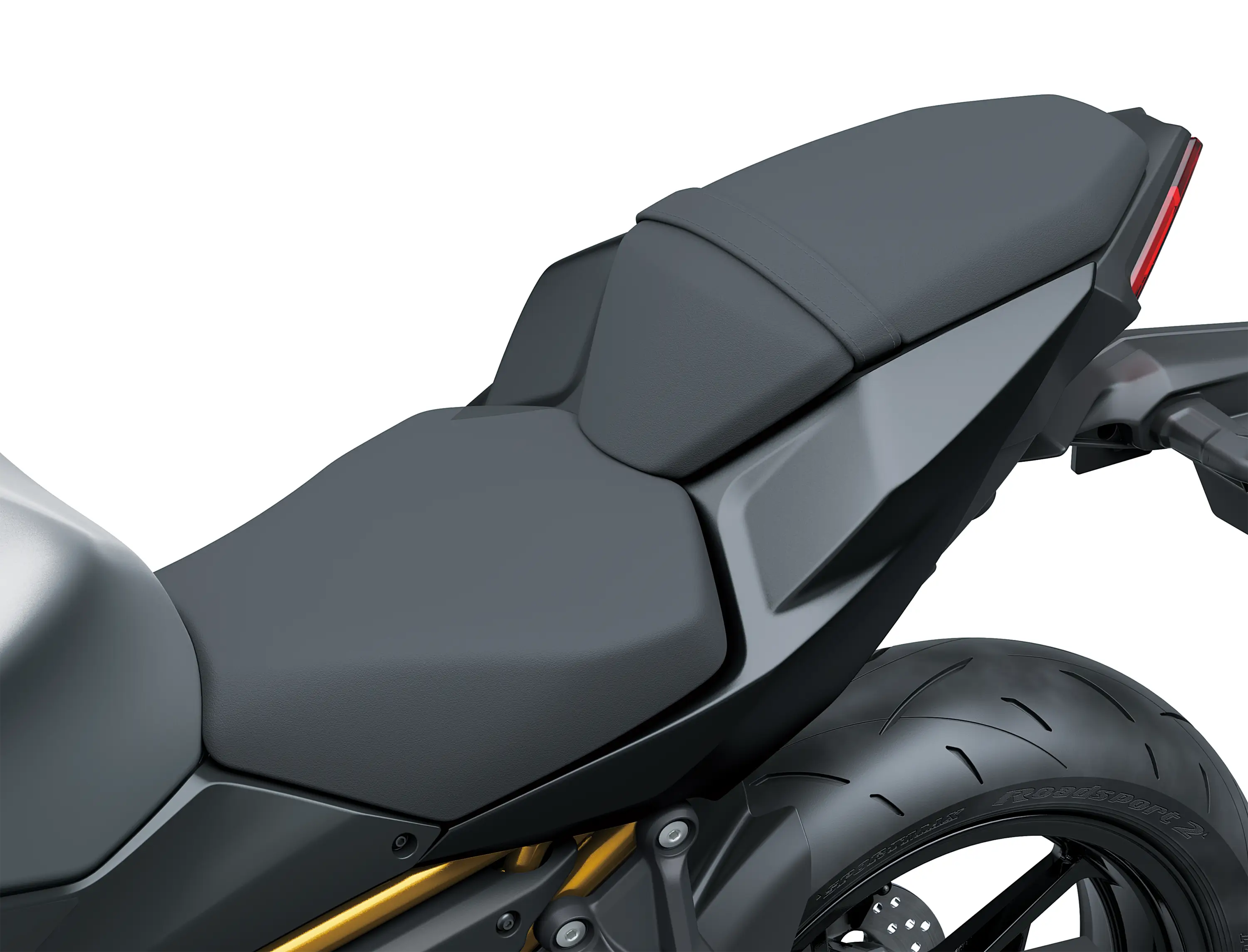Seat of a motorcycle staged in a white studio background.