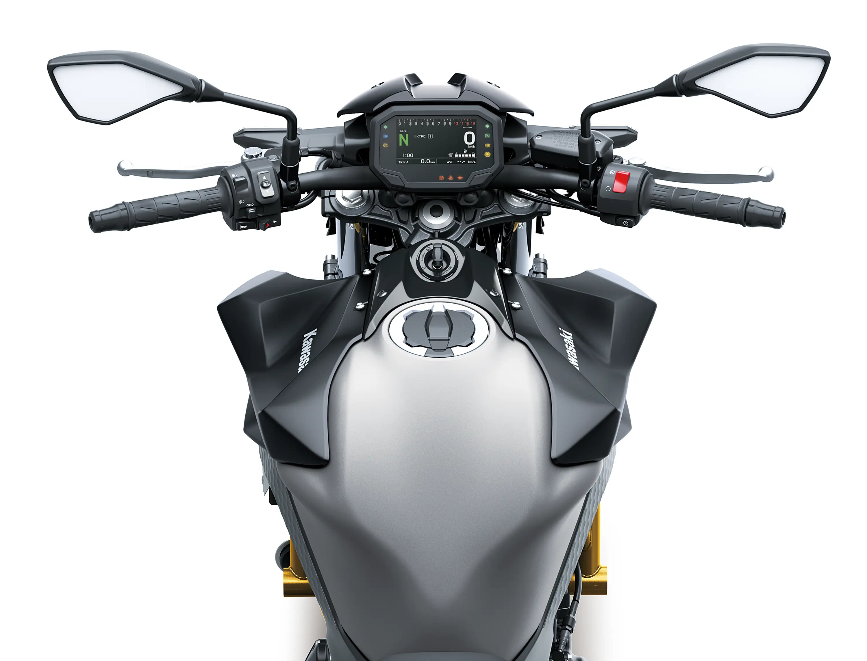 Another rider POV of a motorcycle staged in a white studio background.