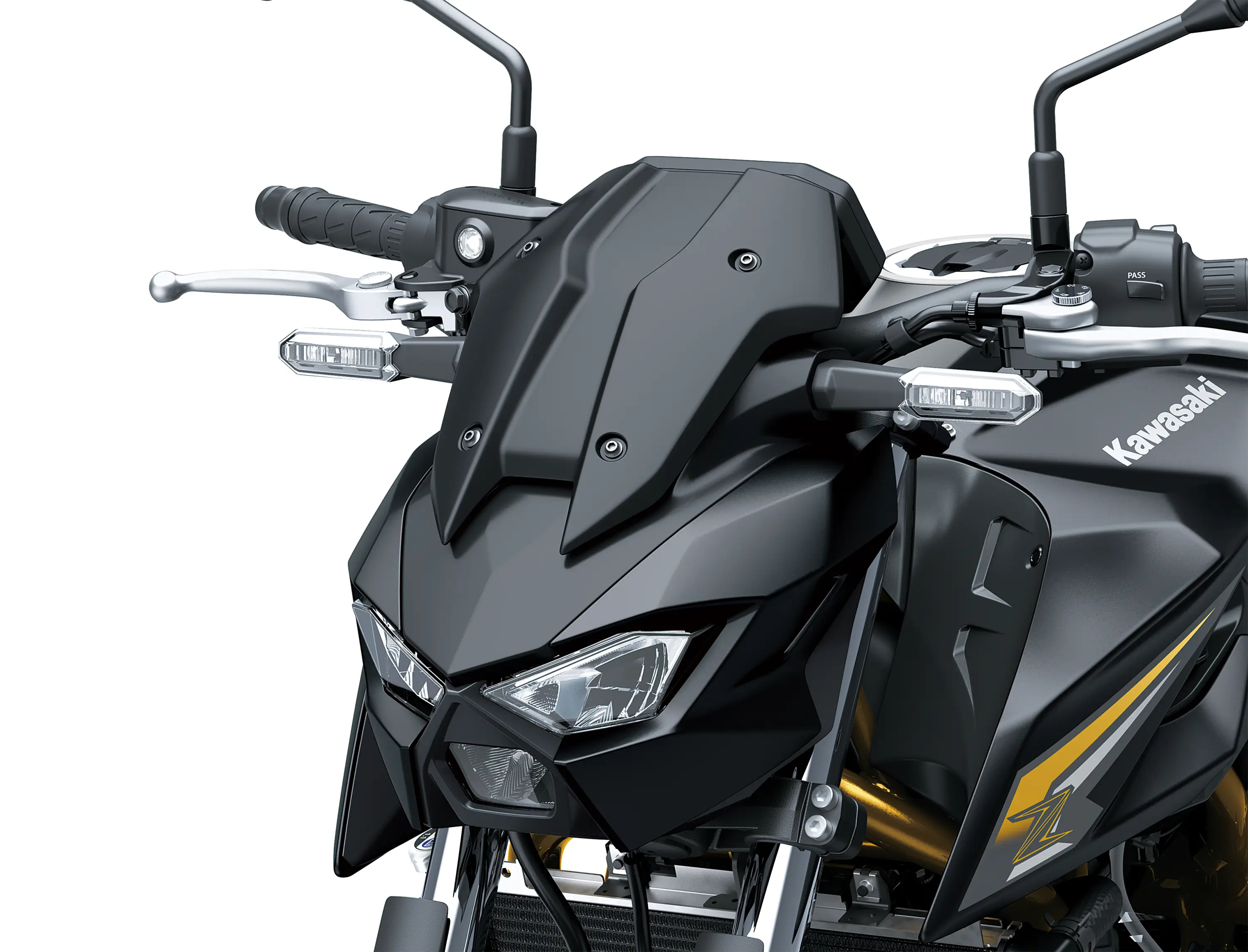 Closeup front angle of a motorcycle staged in a white studio background.