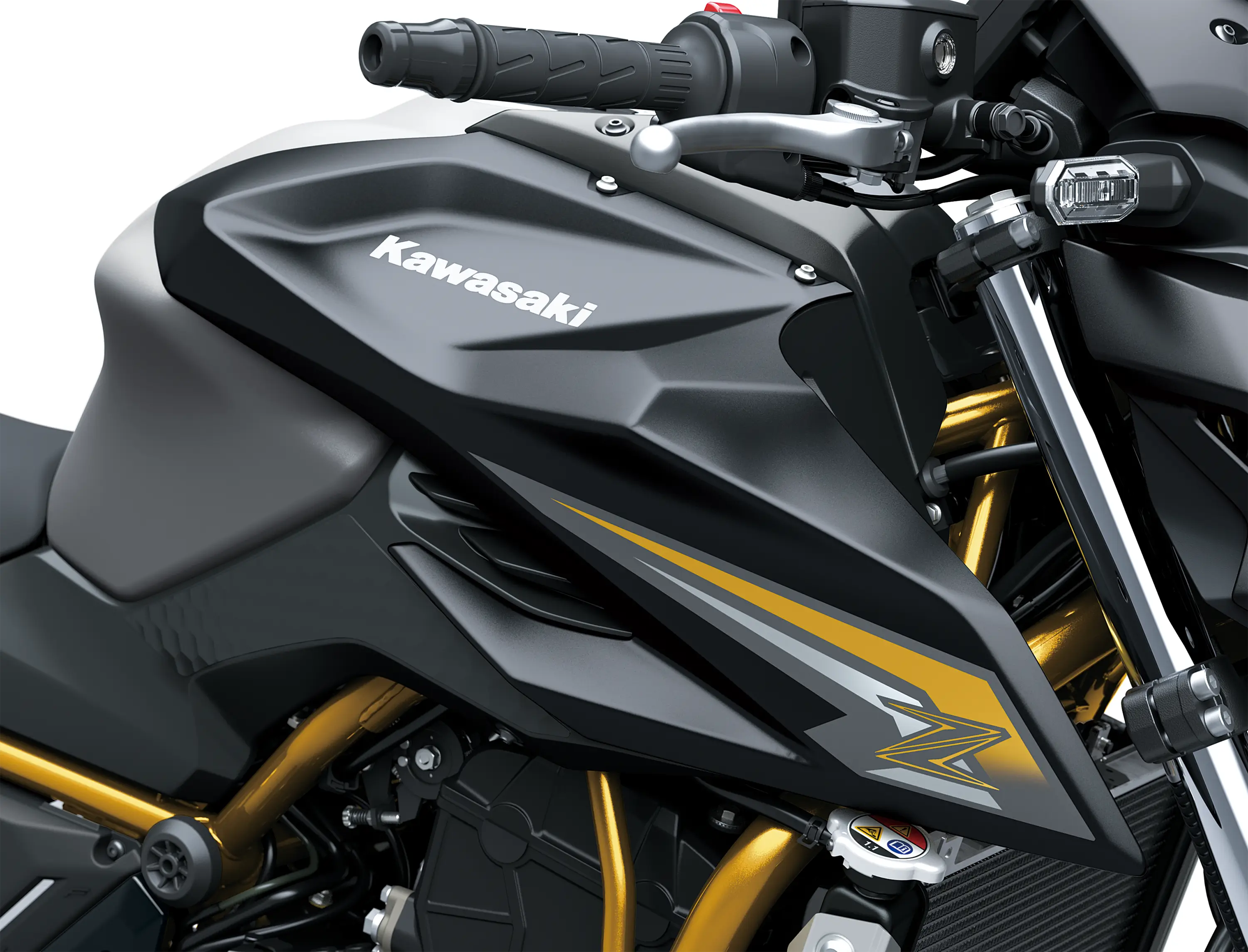 Side detail of a motorcycle staged in a white studio background.