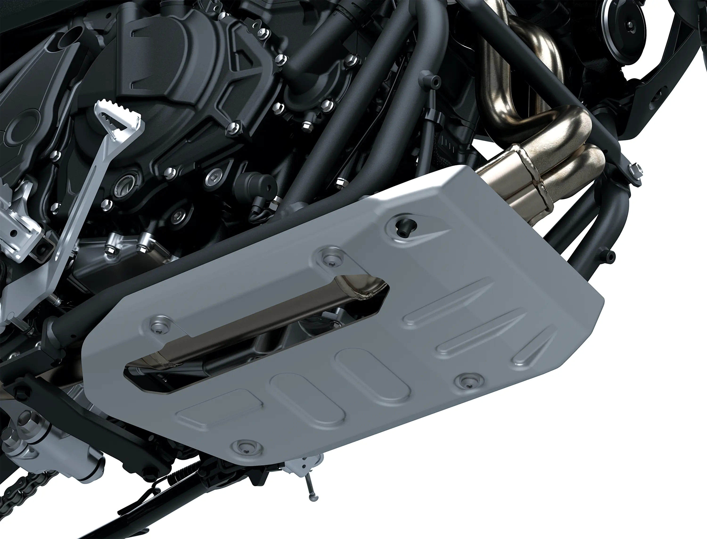 Underside of a motorcycle staged in a white studio background.