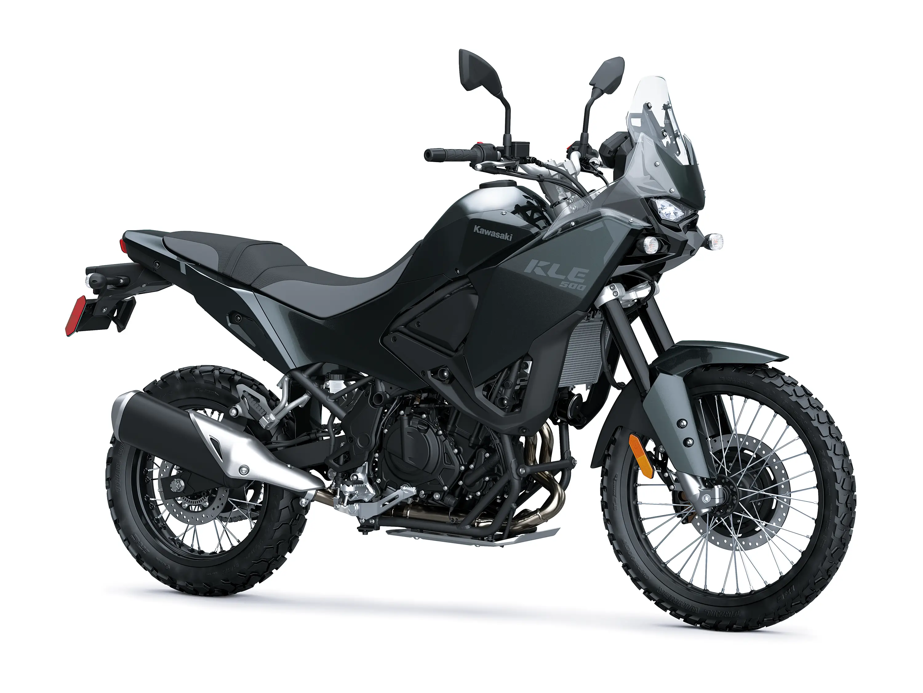 Three-quarter front angle of a motorcycle staged in a white studio background.