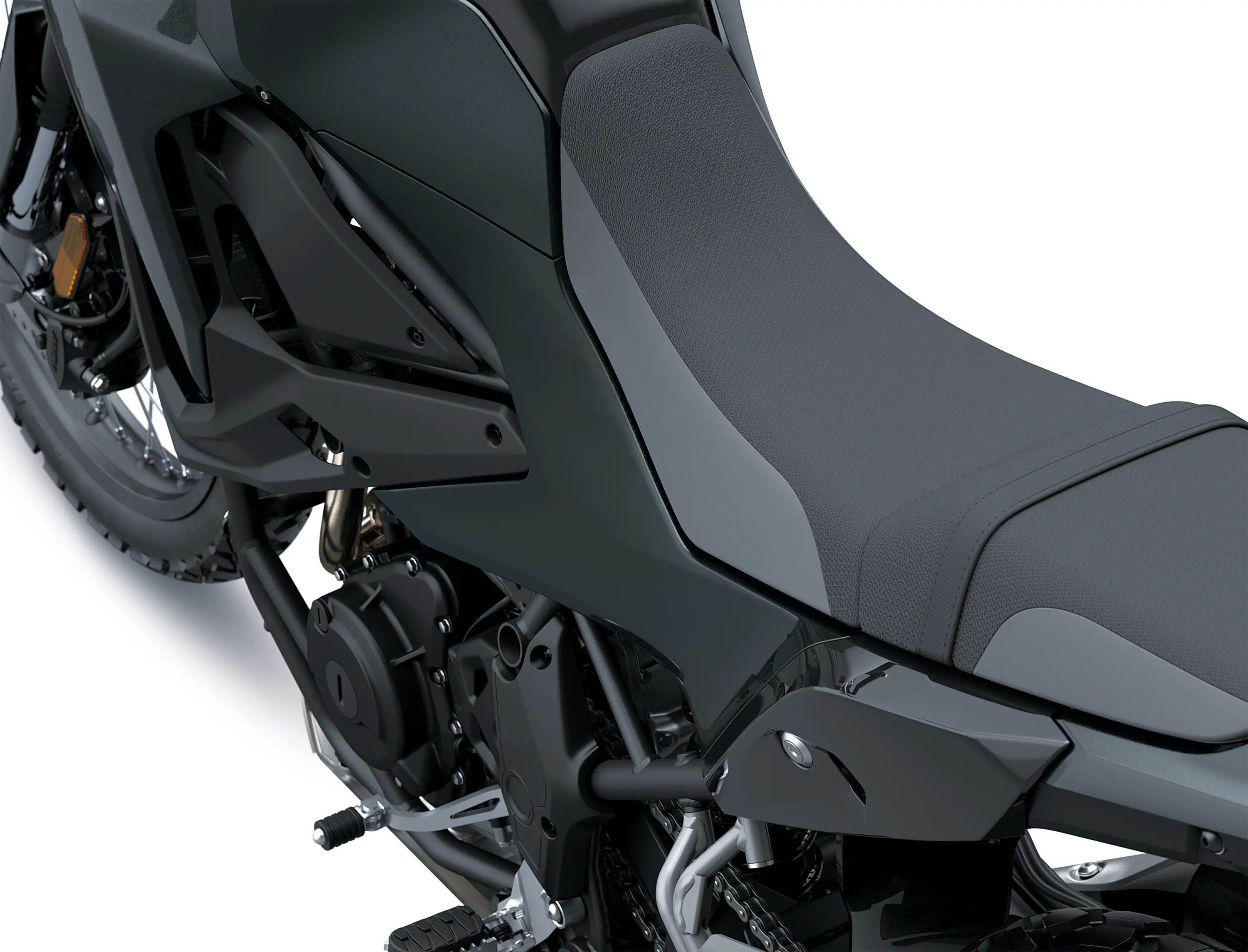 Rider seat of a motorcycle staged in a white studio background.