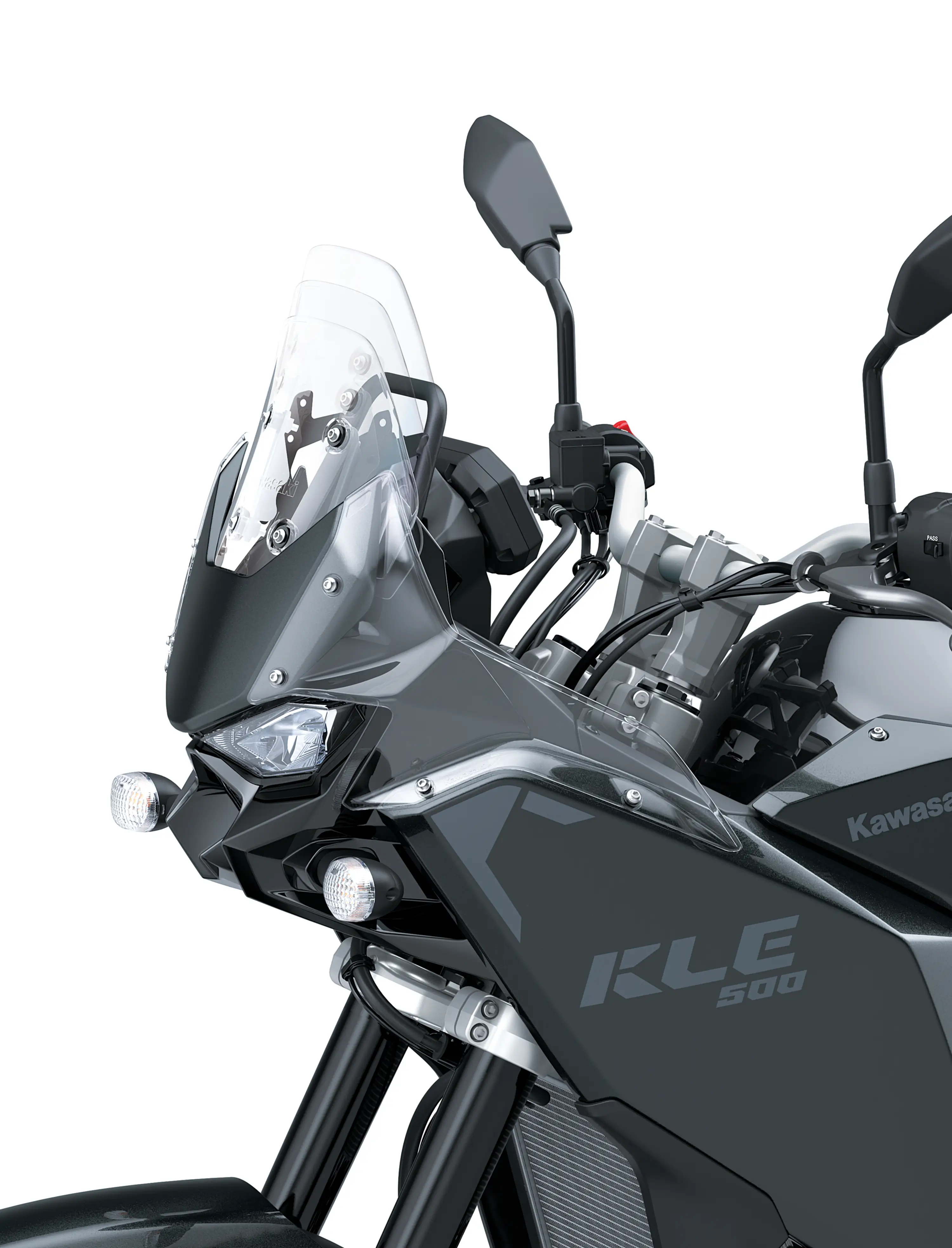 Side close angle of a motorcycle staged in a white studio background.