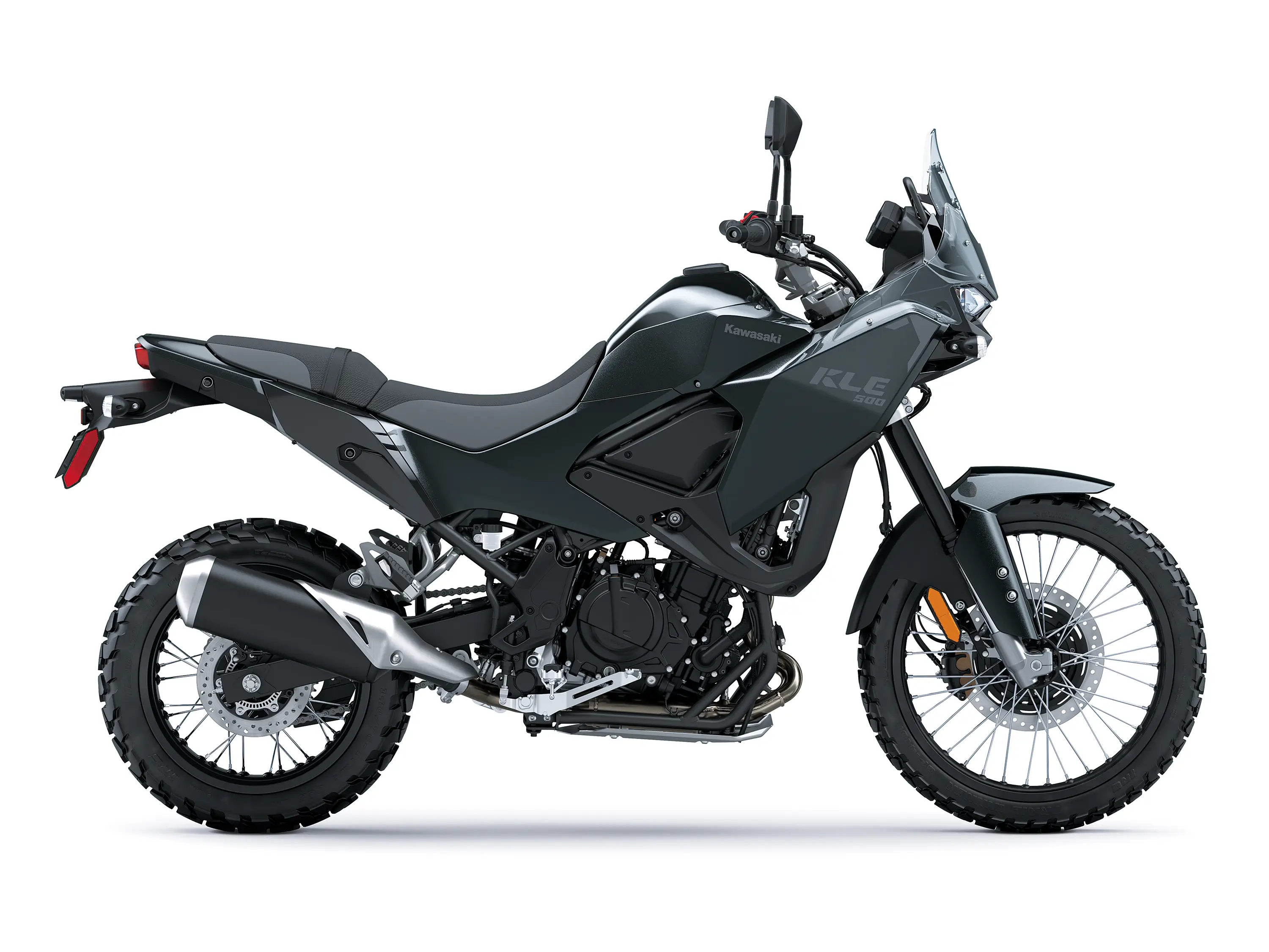 Side angle of a motorcycle staged in a white studio background.