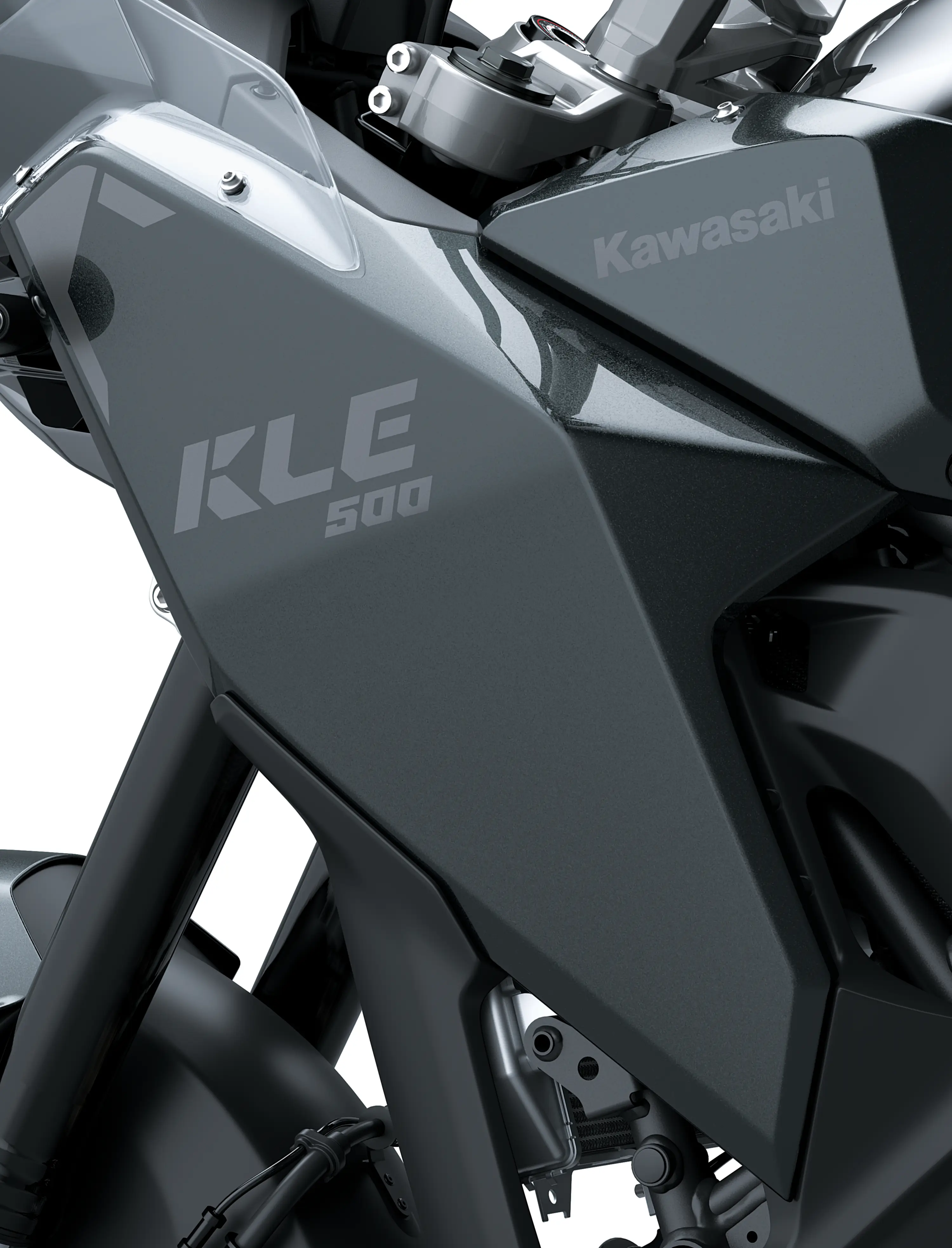 Side close on model logo of a motorcycle staged in a white studio background.