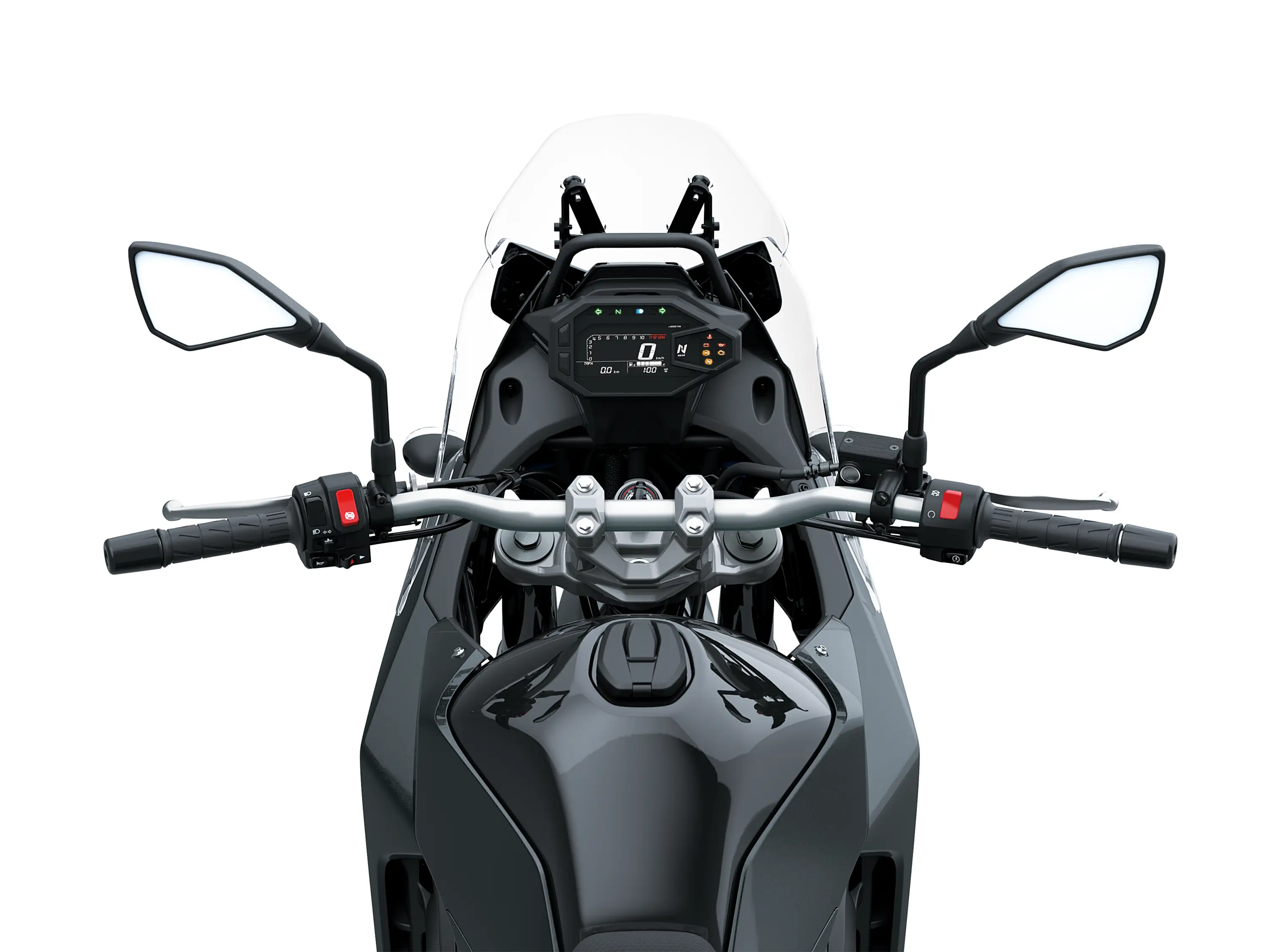 Rider angle of a motorcycle staged in a white studio background.