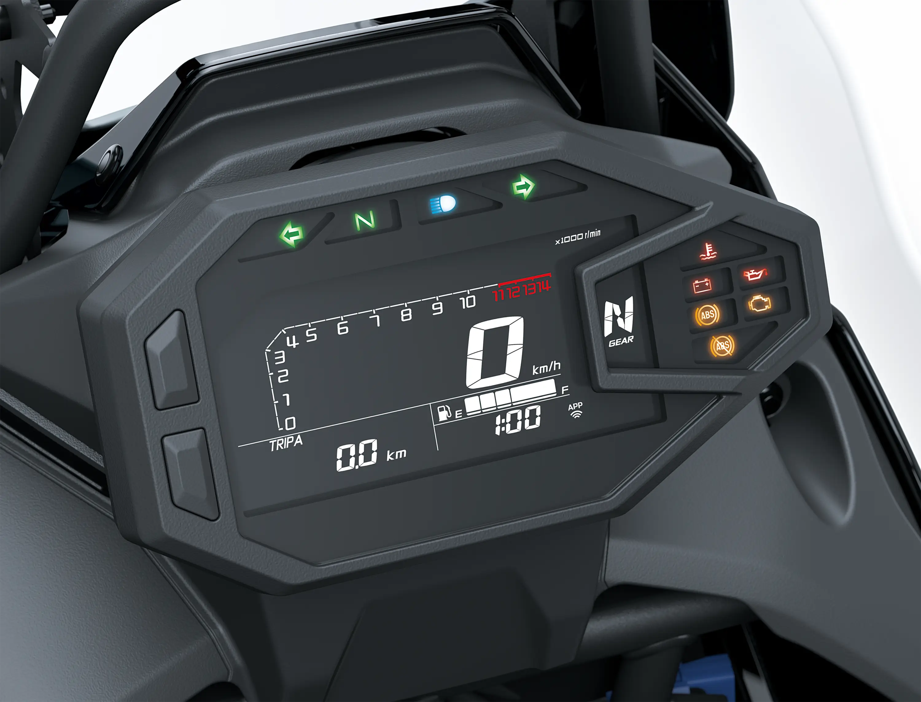 Infotainment screen of a motorcycle staged in a white studio background.