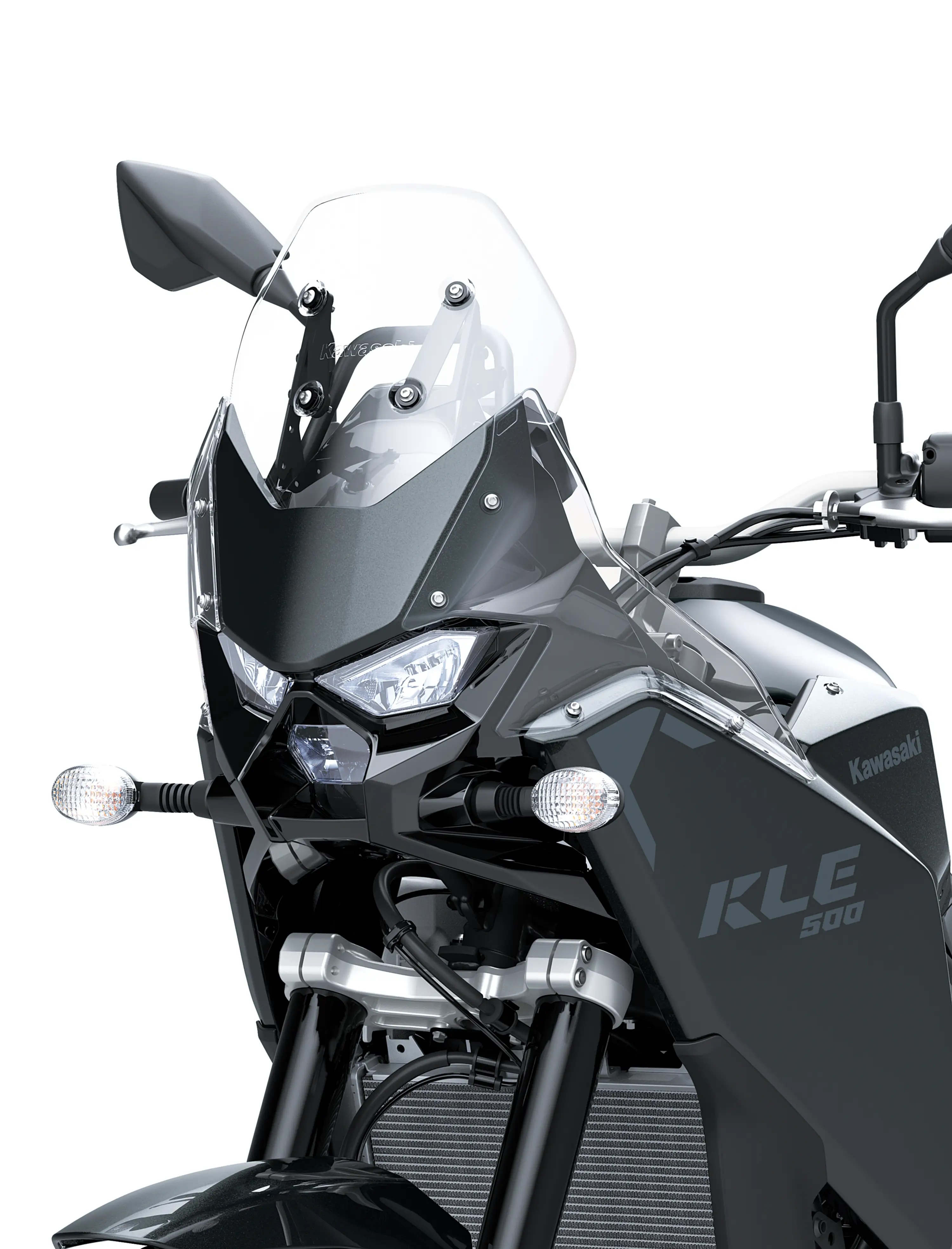 Front close angle of a motorcycle staged in a white studio background.